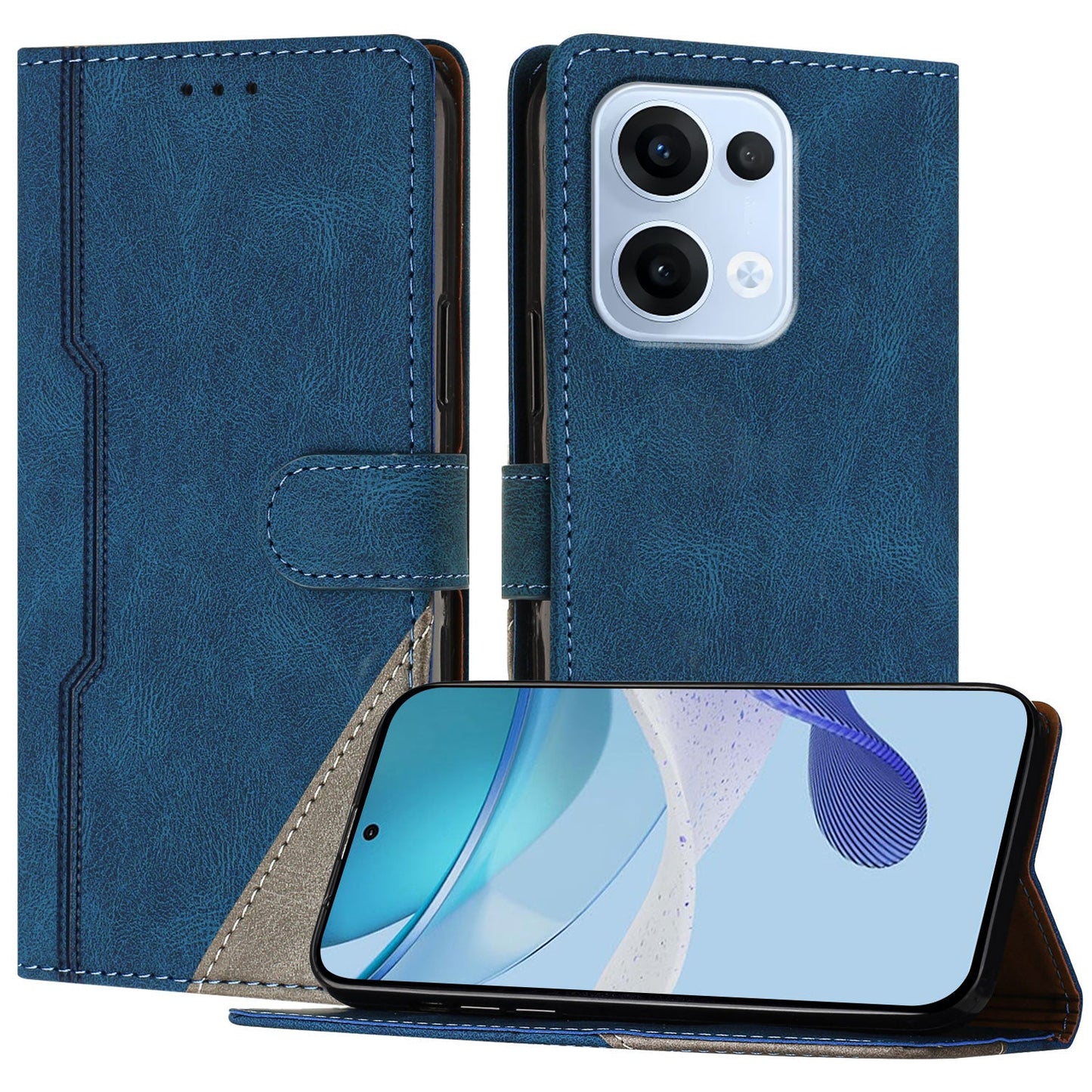 For Oppo Reno13 5G (Global) Leather Case Triangle Patchwork Wallet Stand Shockproof Phone Cover - Blue