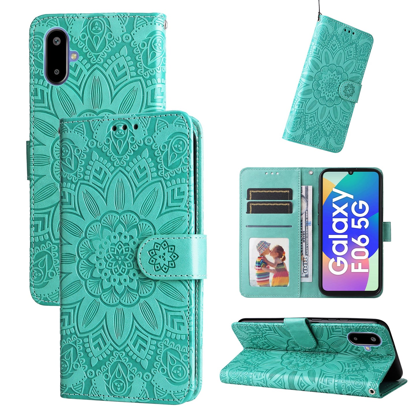 For Samsung Galaxy F06 5G Case Sunflower Imprint Leather Wallet Phone Cover - Green