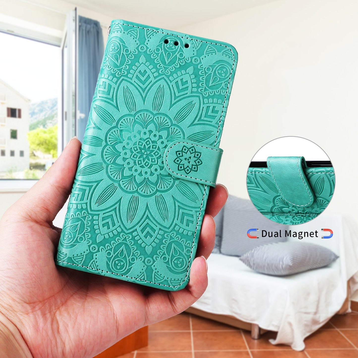 For Samsung Galaxy F06 5G Case Sunflower Imprint Leather Wallet Phone Cover - Green