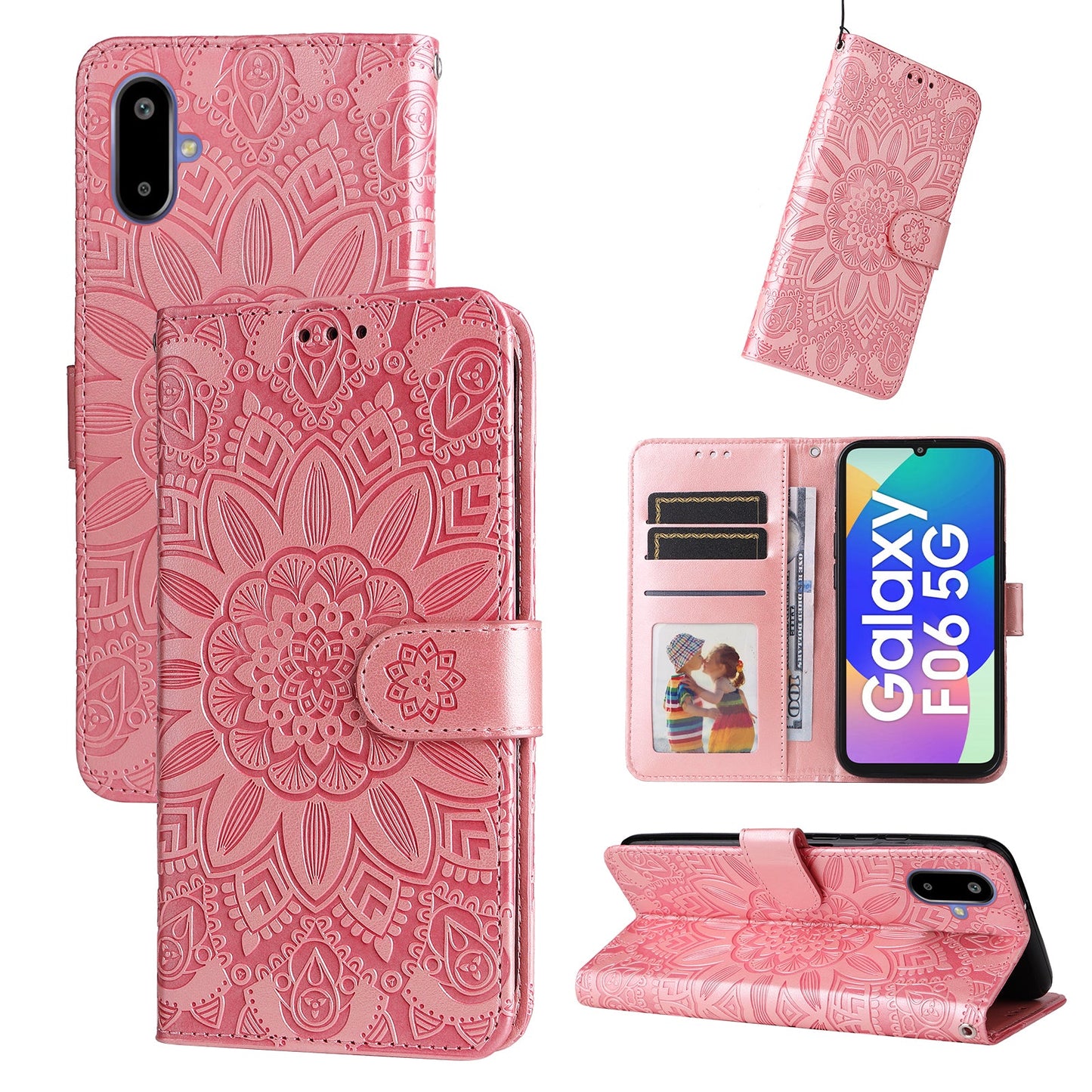 For Samsung Galaxy F06 5G Case Sunflower Imprint Leather Wallet Phone Cover - Pink