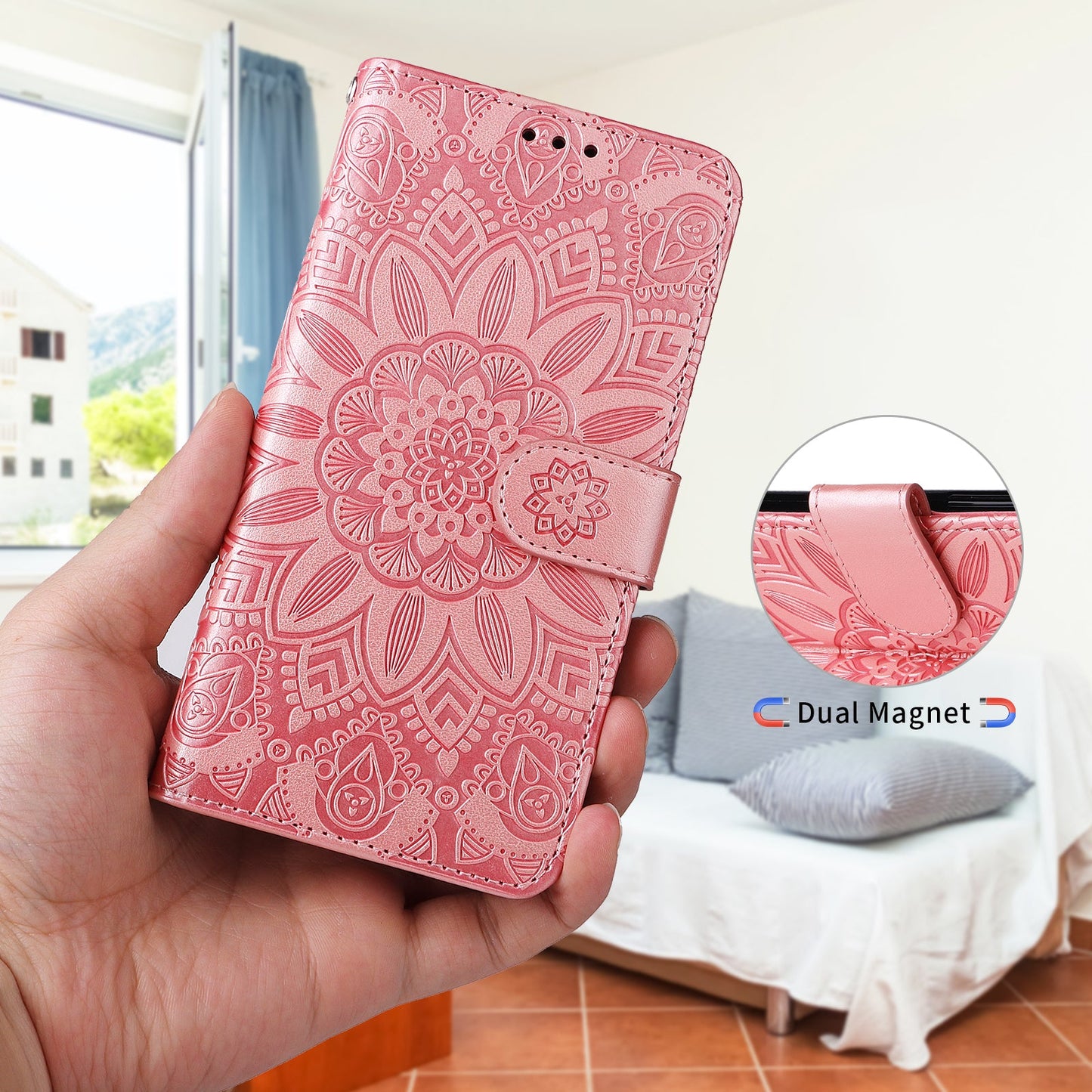 For Samsung Galaxy F06 5G Case Sunflower Imprint Leather Wallet Phone Cover - Pink