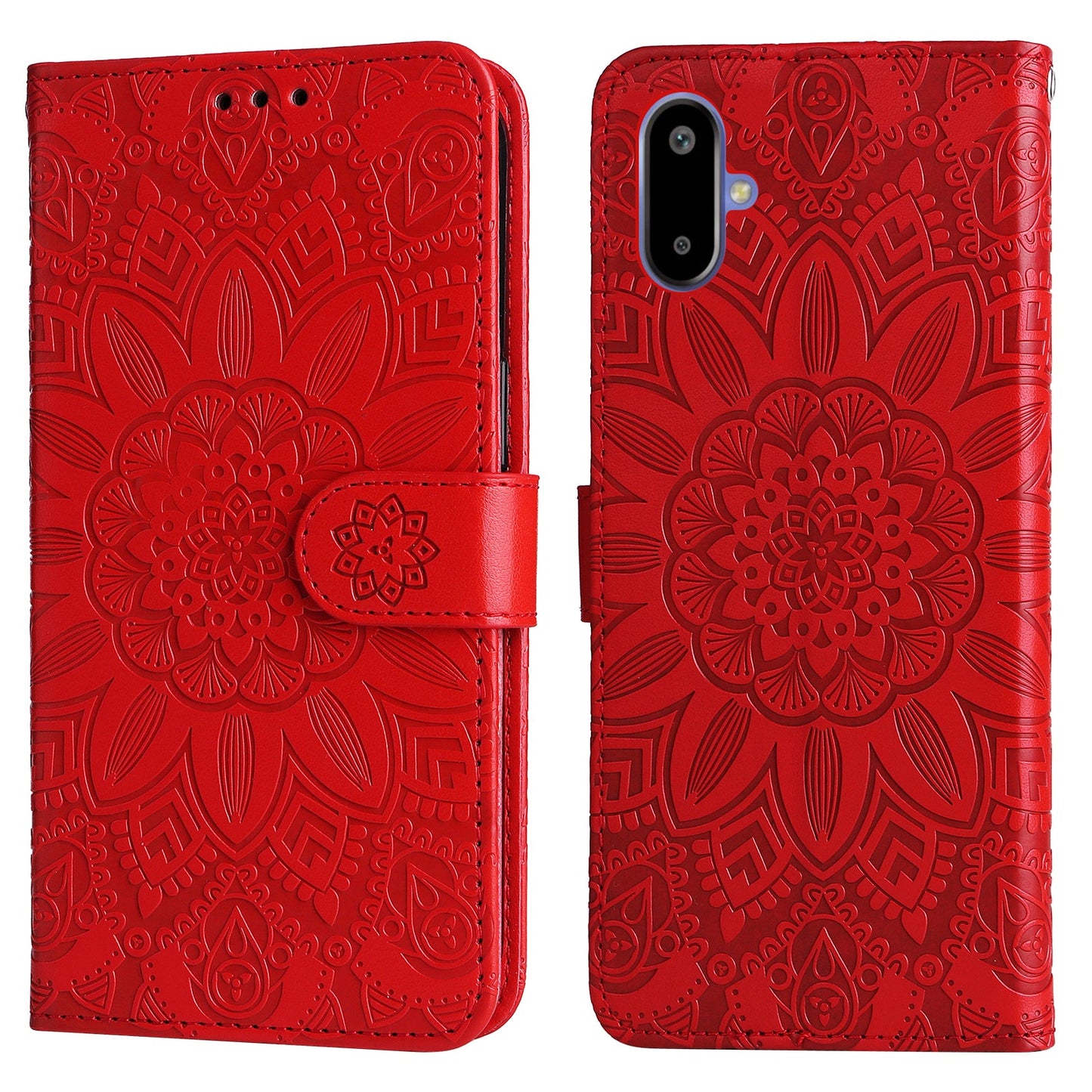For Samsung Galaxy F06 5G Case Sunflower Imprint Leather Wallet Phone Cover - Red