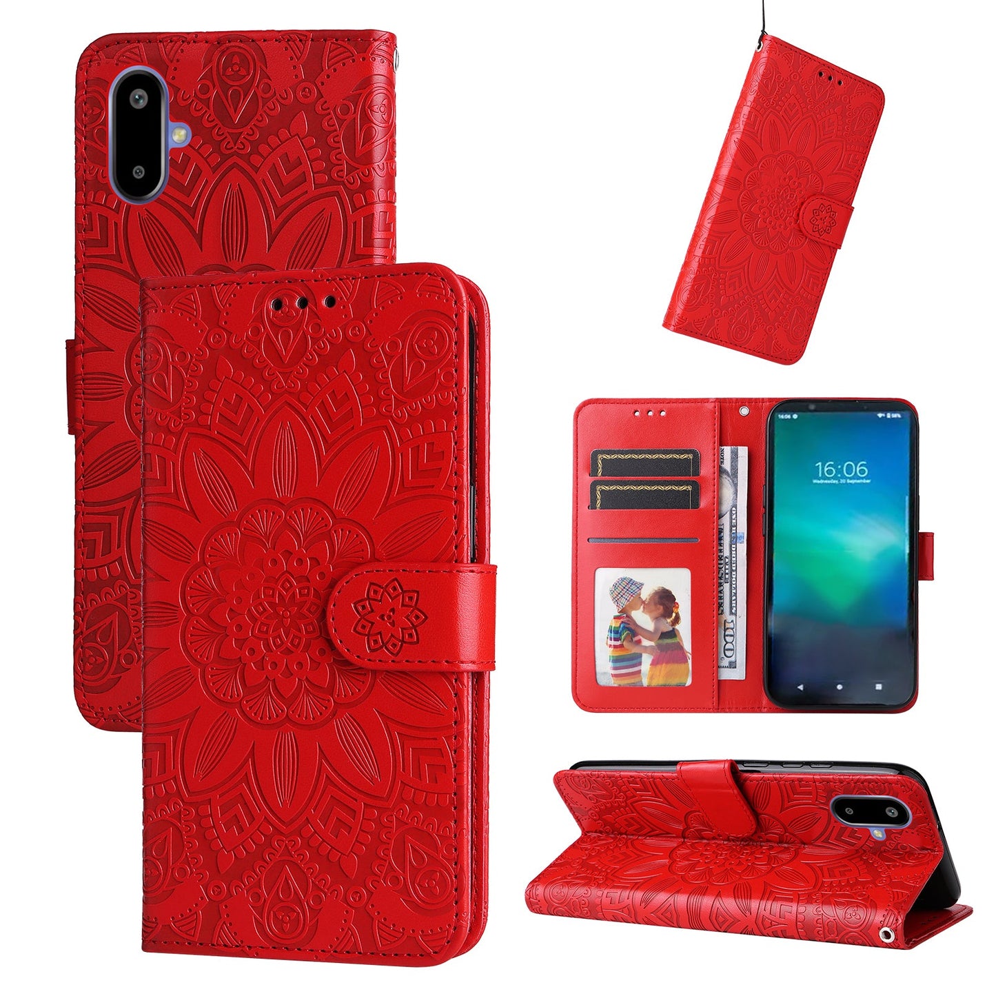 For Samsung Galaxy F06 5G Case Sunflower Imprint Leather Wallet Phone Cover - Red