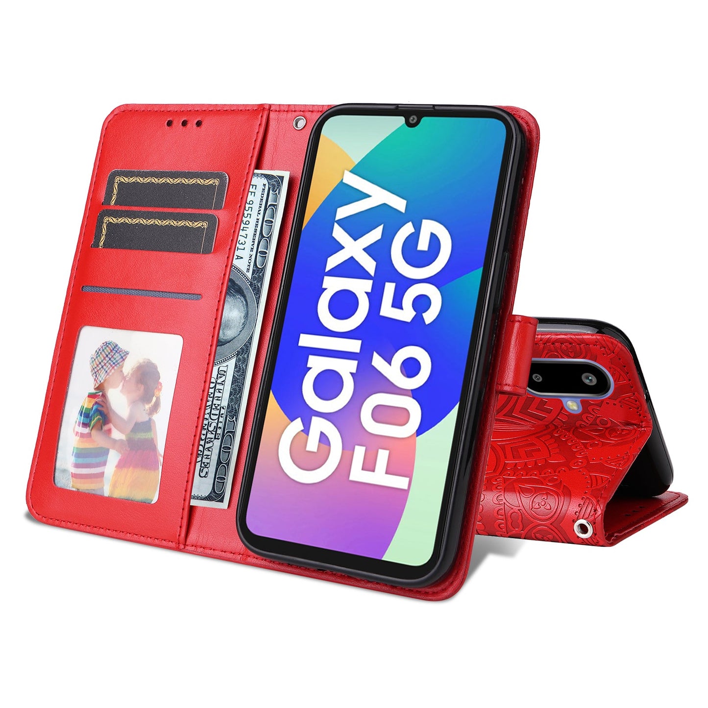For Samsung Galaxy F06 5G Case Sunflower Imprint Leather Wallet Phone Cover - Red