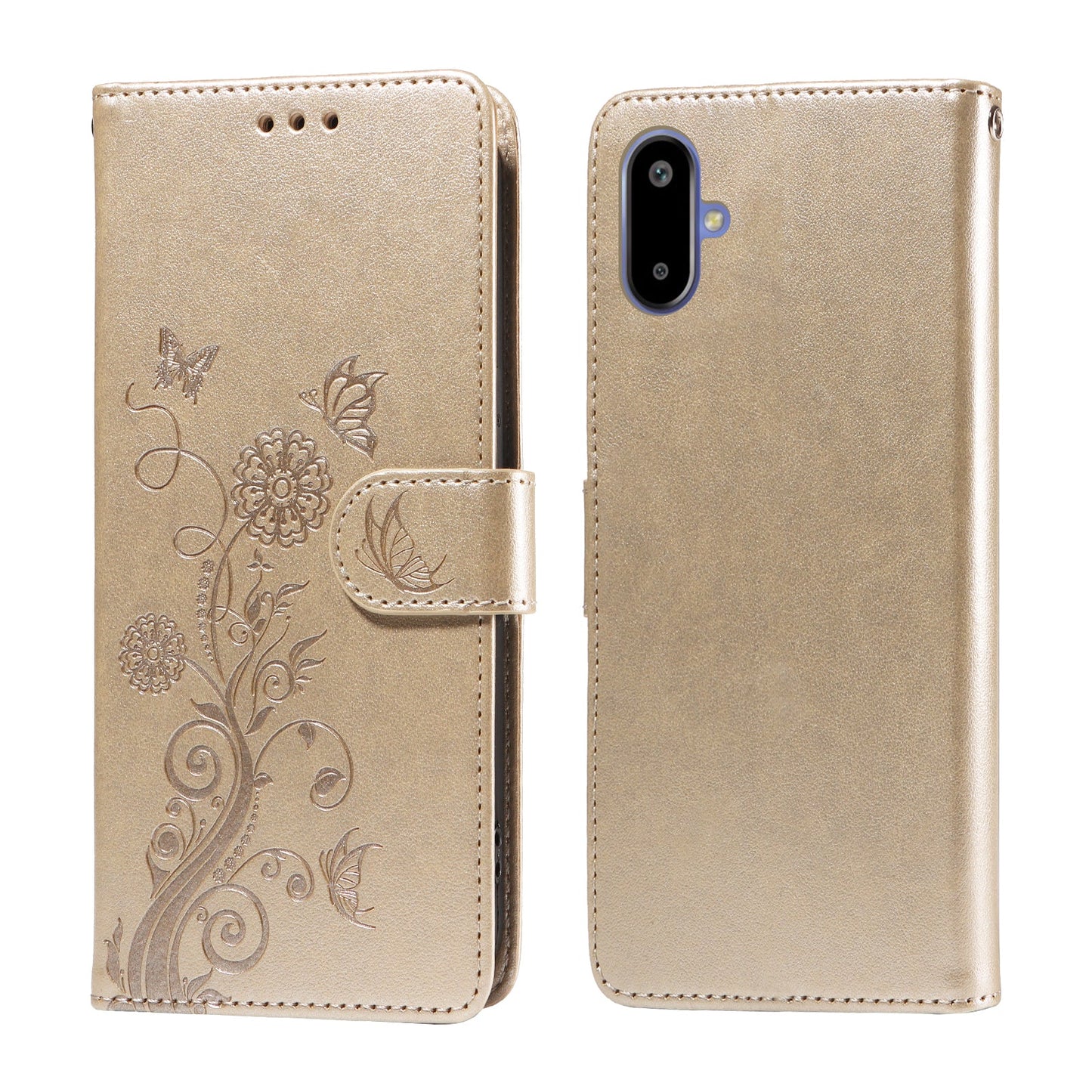 For Samsung Galaxy F06 5G Leather Case Butterfly Floral Imprint Wallet Stand Cover - Golden