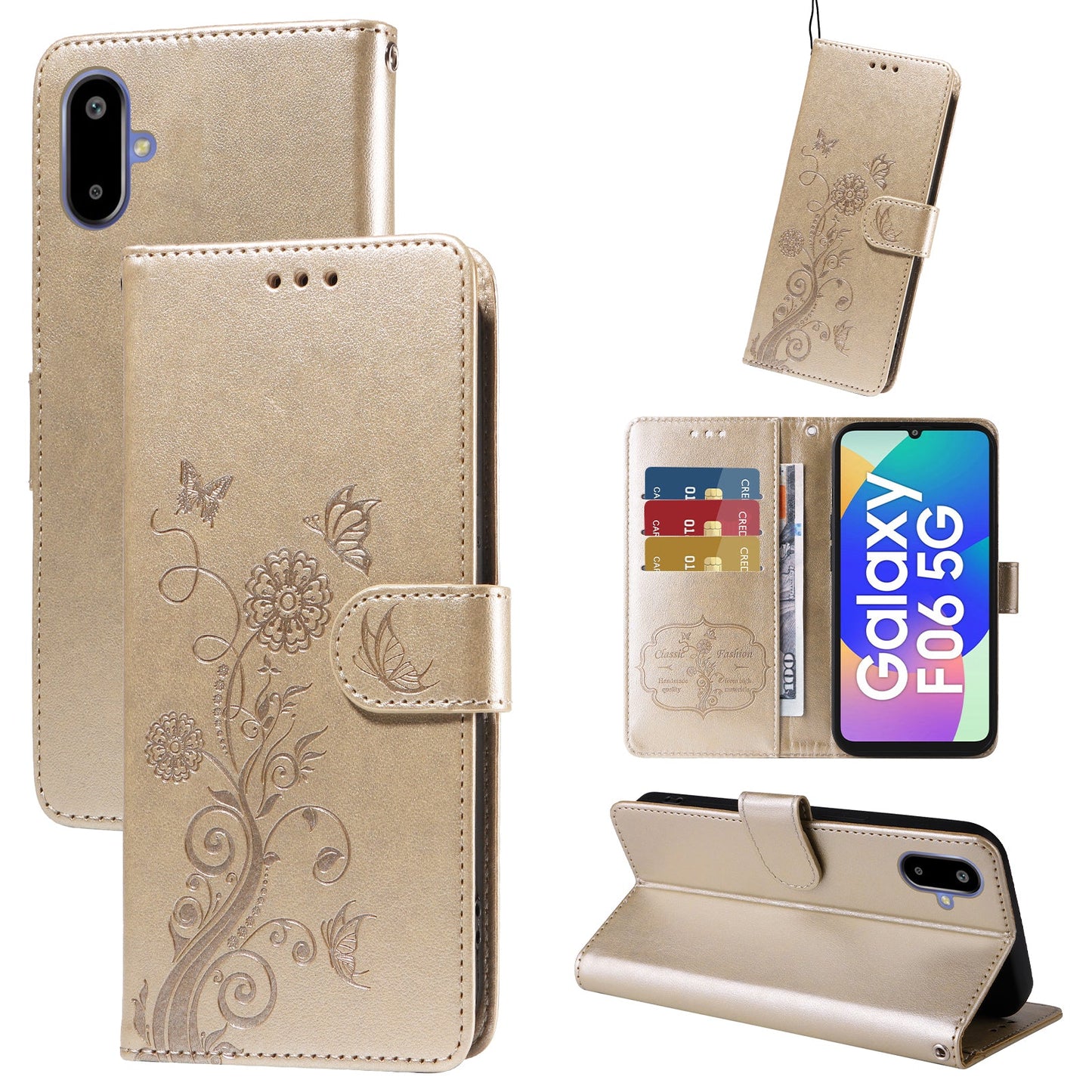 For Samsung Galaxy F06 5G Leather Case Butterfly Floral Imprint Wallet Stand Cover - Golden