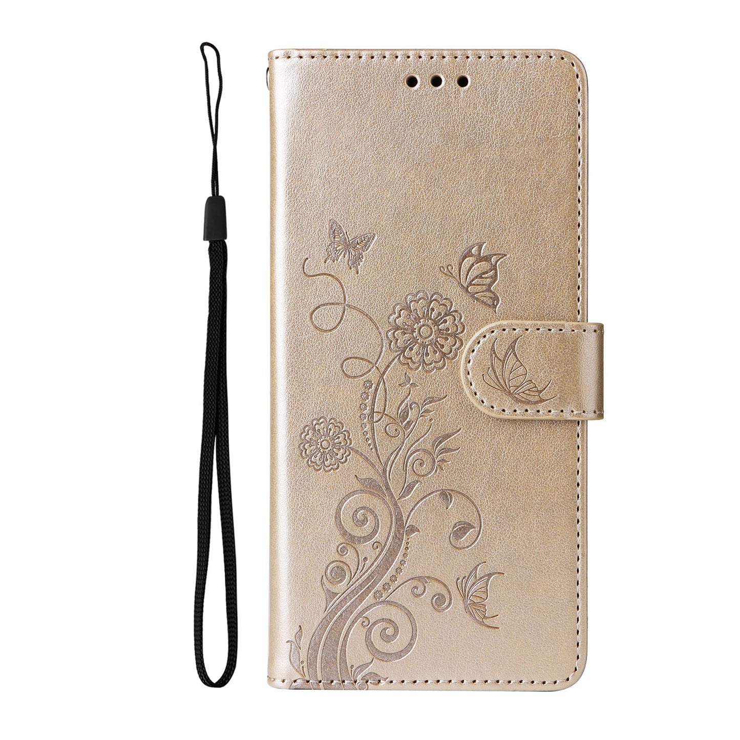 For Samsung Galaxy F06 5G Leather Case Butterfly Floral Imprint Wallet Stand Cover - Golden