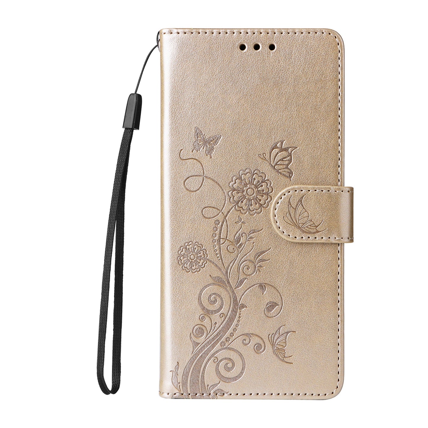 For Samsung Galaxy F06 5G Leather Case Butterfly Floral Imprint Wallet Stand Cover - Golden
