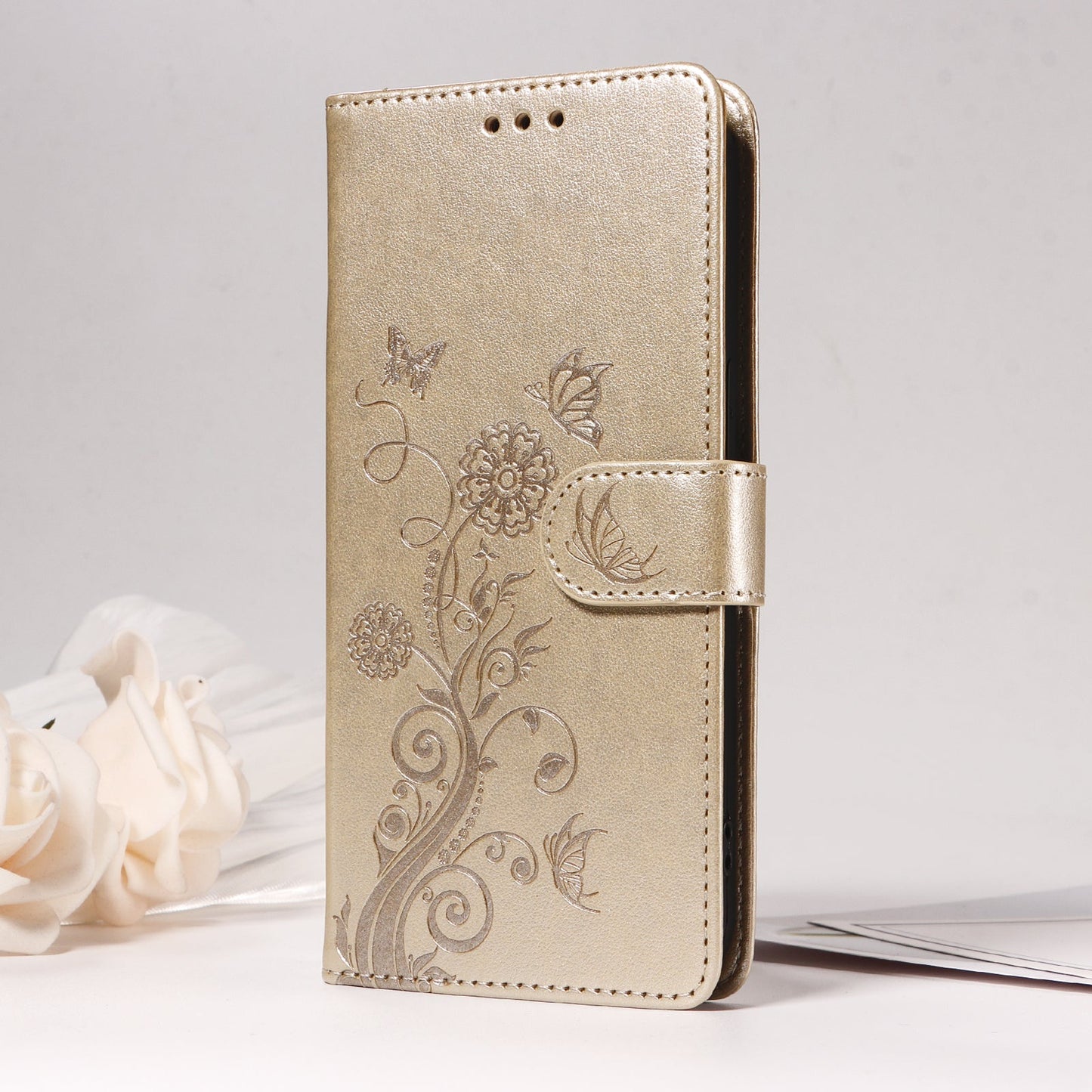 For Samsung Galaxy F06 5G Leather Case Butterfly Floral Imprint Wallet Stand Cover - Golden