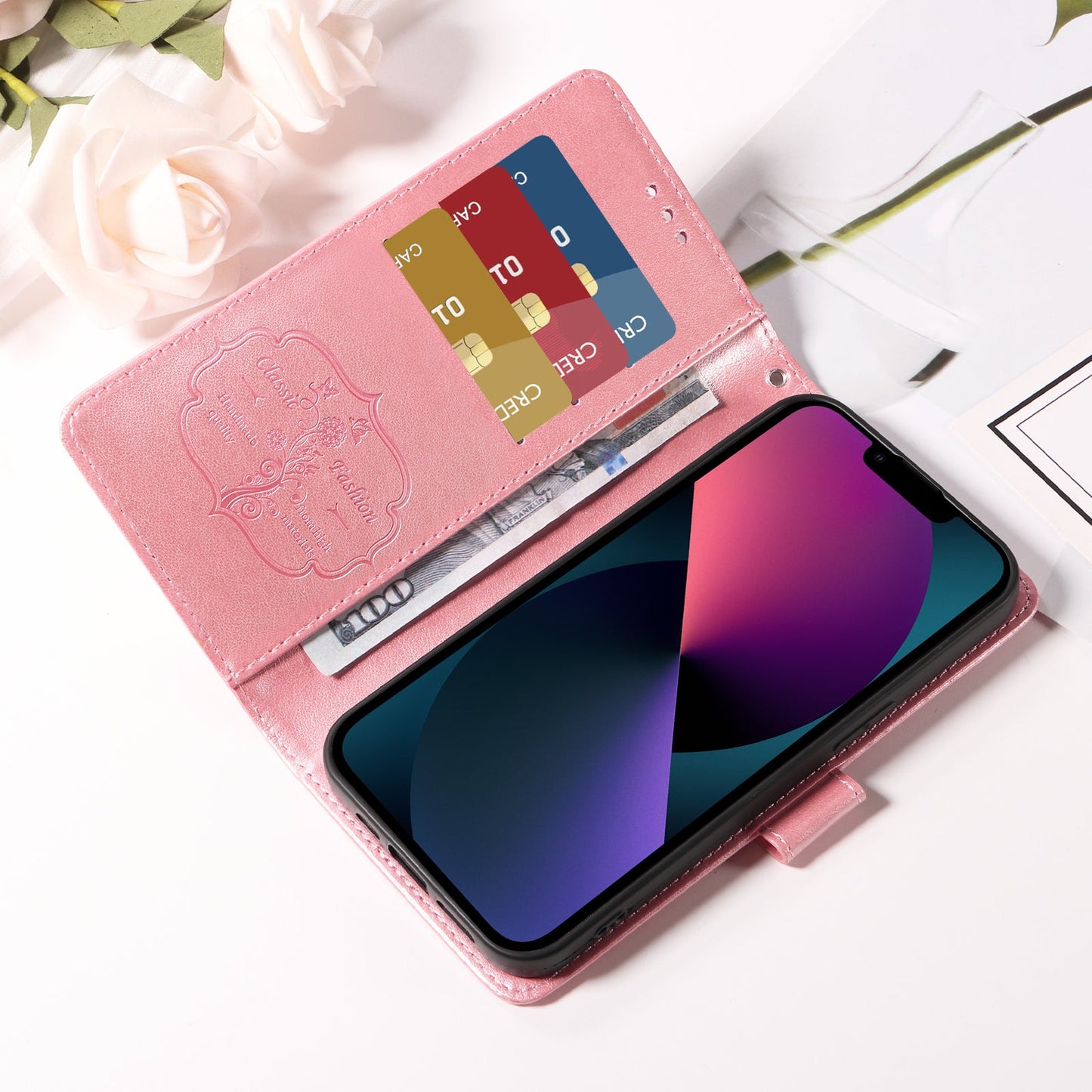 For Samsung Galaxy F06 5G Leather Case Butterfly Floral Imprint Wallet Stand Cover - Pink