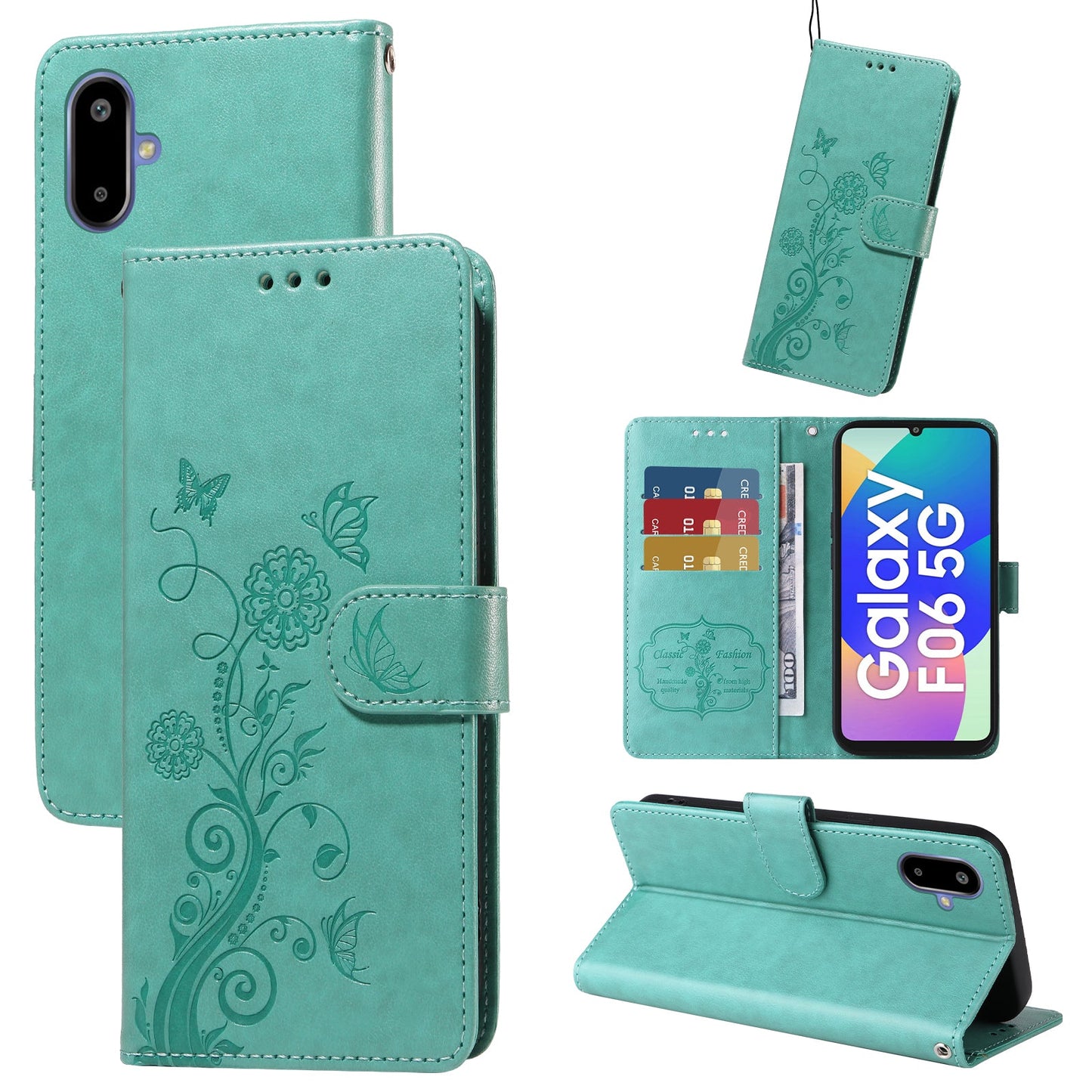 For Samsung Galaxy F06 5G Leather Case Butterfly Floral Imprint Wallet Stand Cover - Green