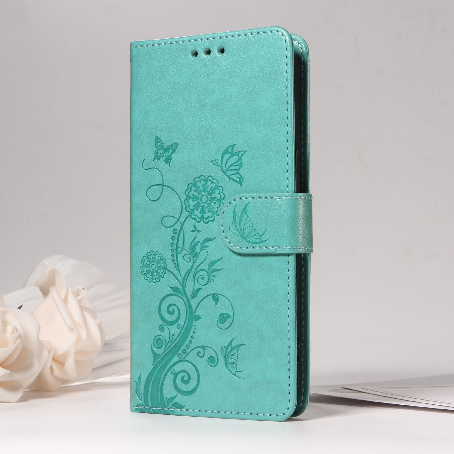 For Samsung Galaxy F06 5G Leather Case Butterfly Floral Imprint Wallet Stand Cover - Green