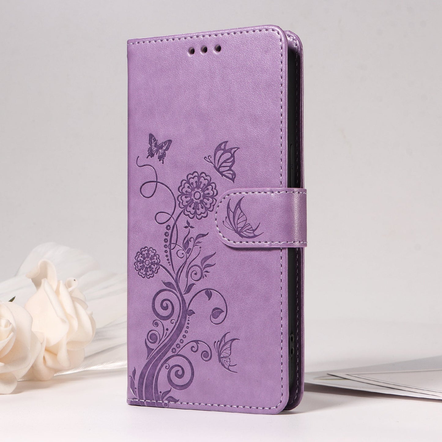 For Samsung Galaxy F06 5G Leather Case Butterfly Floral Imprint Wallet Stand Cover - Purple