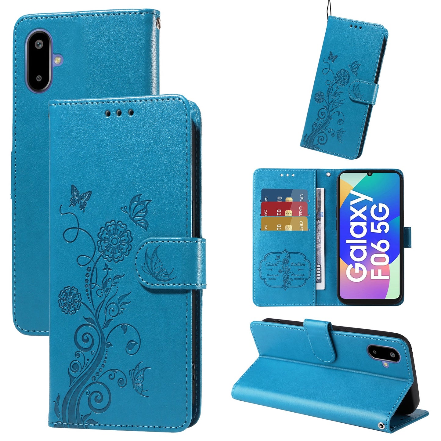 For Samsung Galaxy F06 5G Leather Case Butterfly Floral Imprint Wallet Stand Cover - Blue