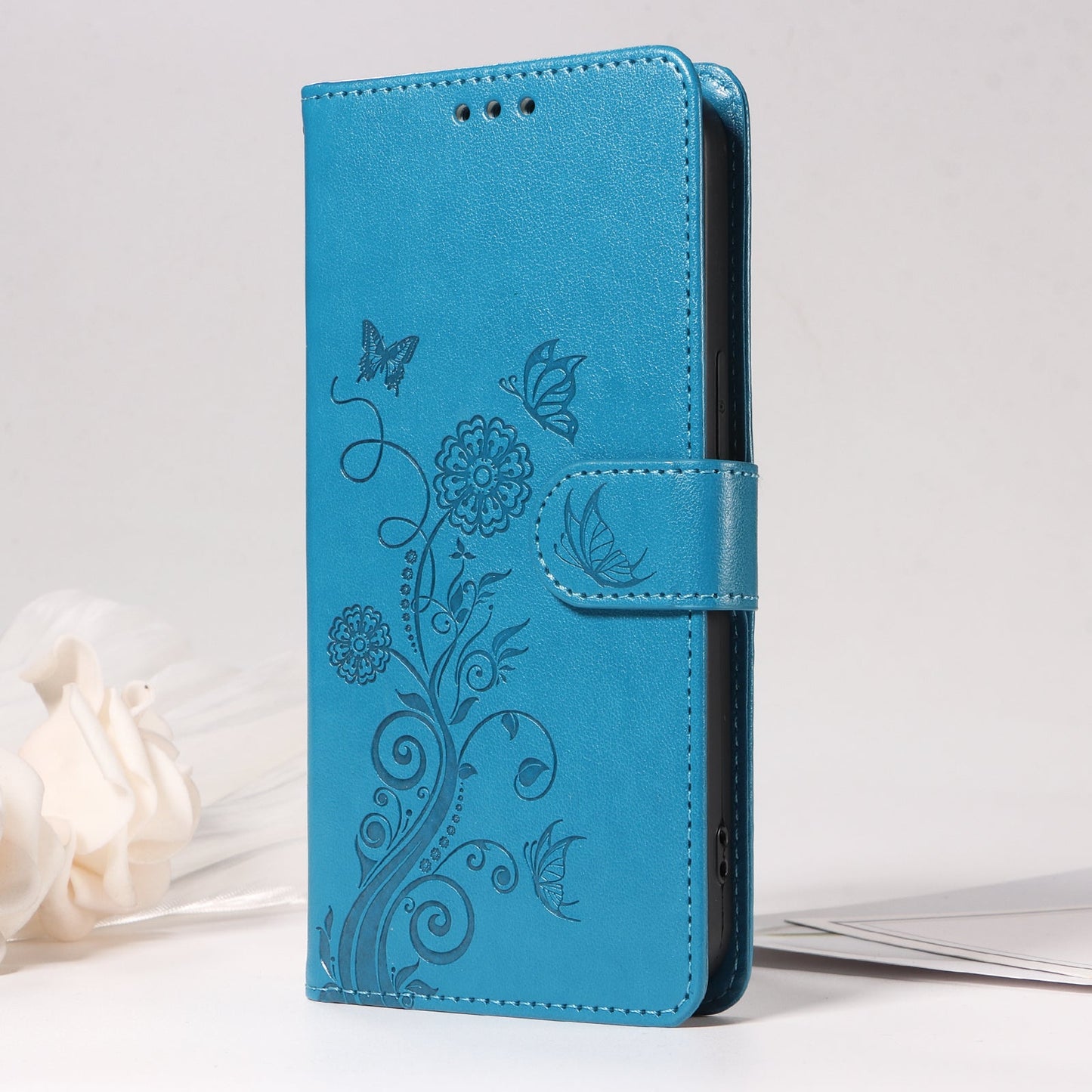 For Samsung Galaxy F06 5G Leather Case Butterfly Floral Imprint Wallet Stand Cover - Blue