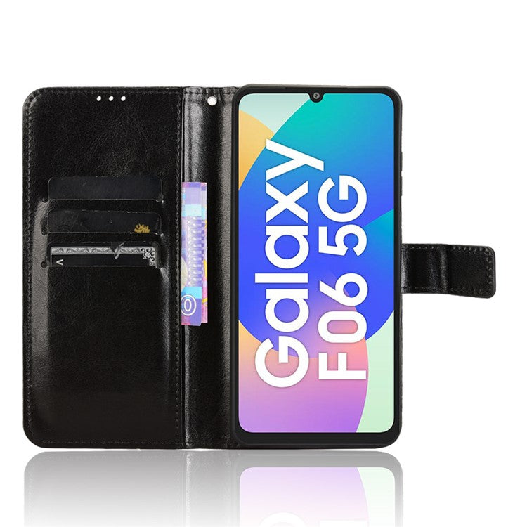 For Samsung Galaxy F06 5G / M06 5G Case Crazy Horse Texture PU Leather Phone Wallet Cover - Black
