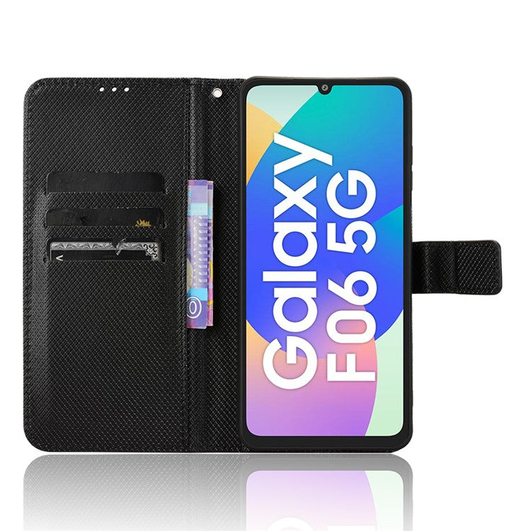 For Samsung Galaxy F06 5G / M06 5G Case PU Leather Diamond Texture Wallet Phone Cover - Black