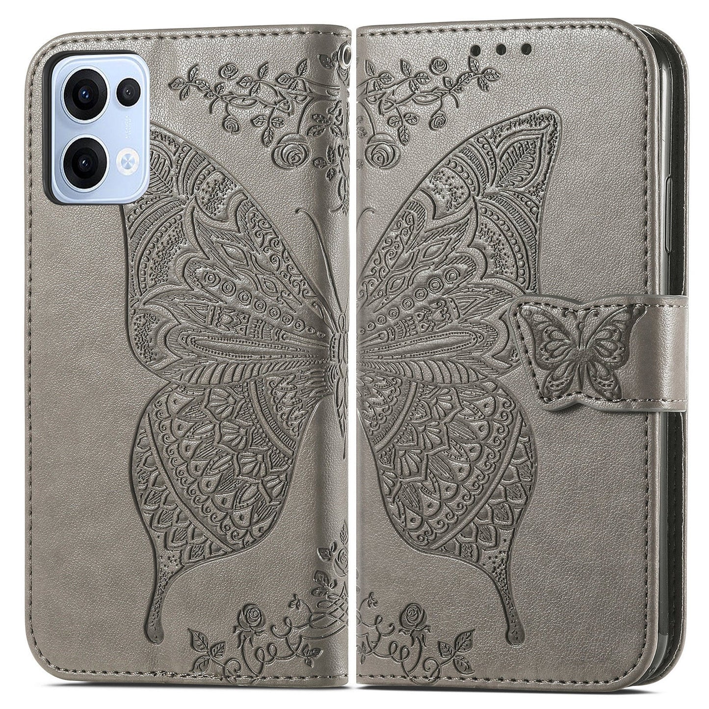 For Oppo Reno13 5G (Global) Case with Strap Butterfly Pattern PU Leather Wallet Phone Cover - Grey