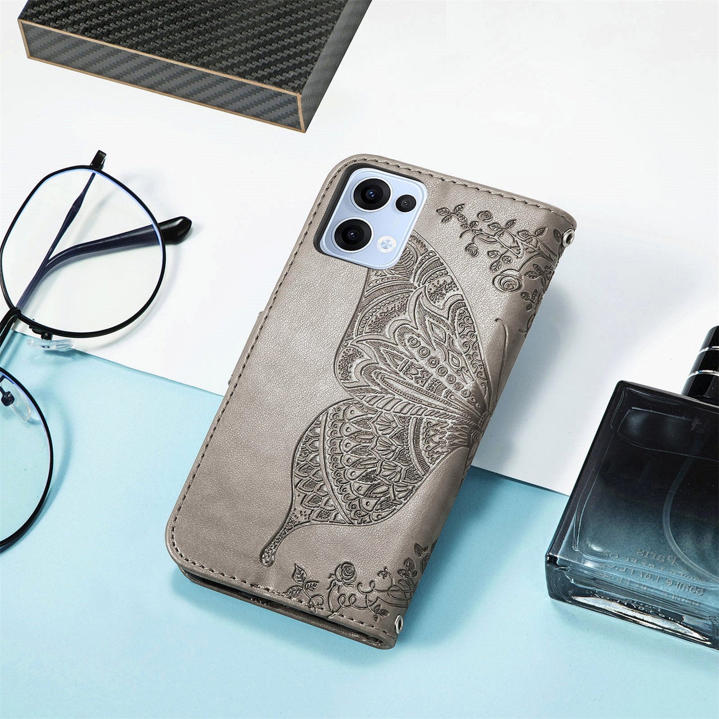 For Oppo Reno13 5G (Global) Case with Strap Butterfly Pattern PU Leather Wallet Phone Cover - Grey