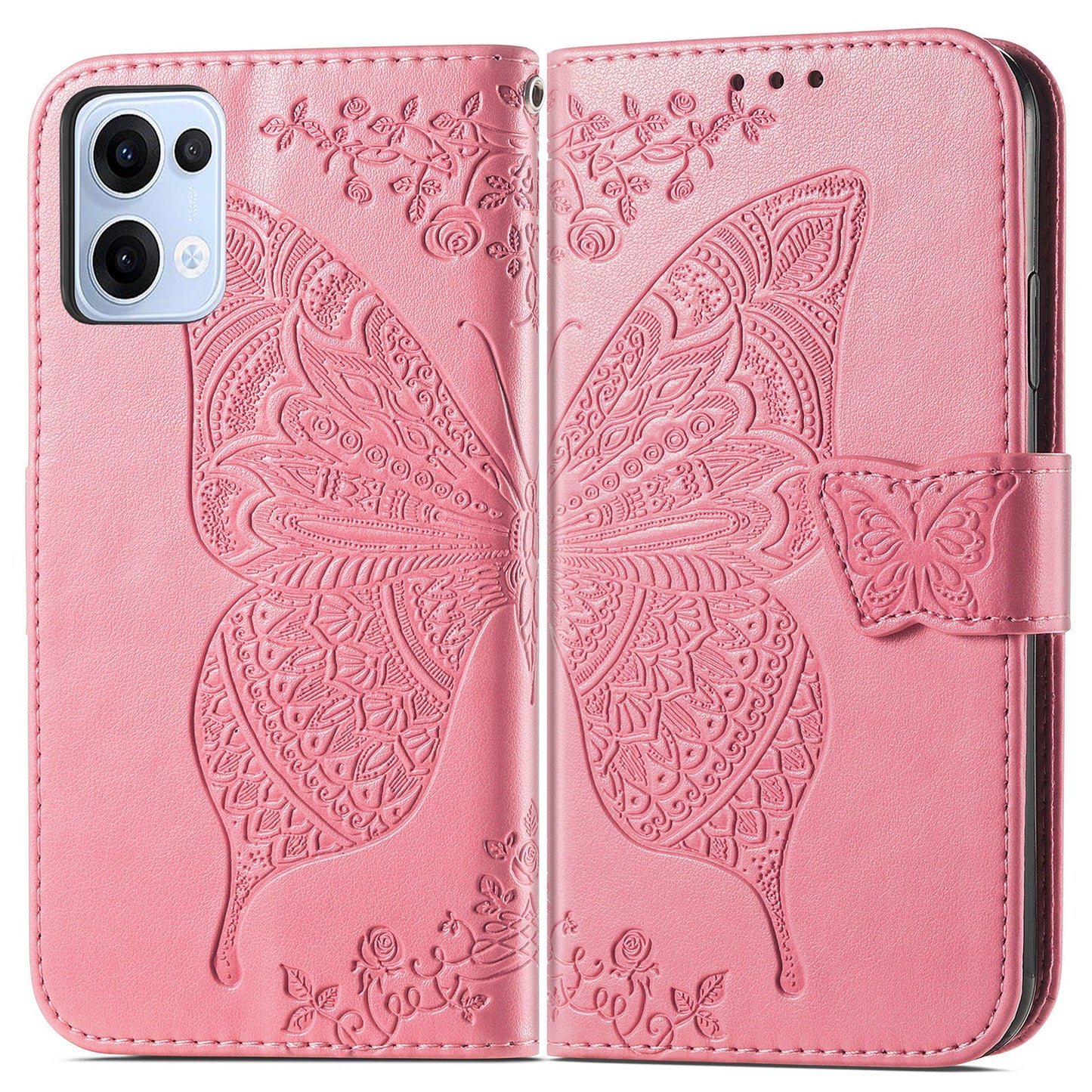 For Oppo Reno13 5G (Global) Case with Strap Butterfly Pattern PU Leather Wallet Phone Cover - Pink