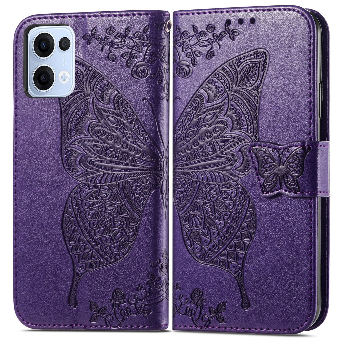For Oppo Reno13 5G (Global) Case with Strap Butterfly Pattern PU Leather Wallet Phone Cover - Dark Purple