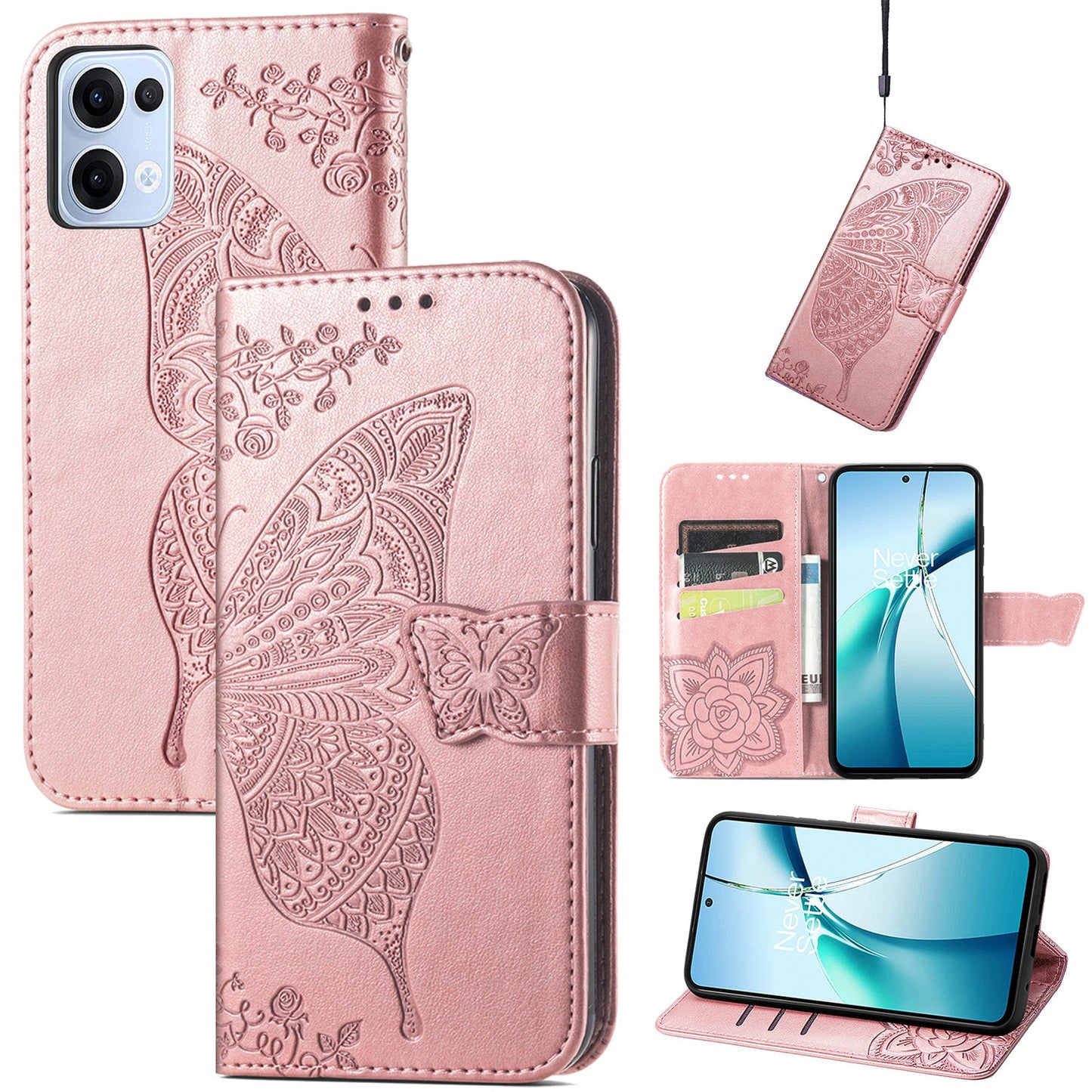 For Oppo Reno13 5G (Global) Case with Strap Butterfly Pattern PU Leather Wallet Phone Cover - Rose Gold