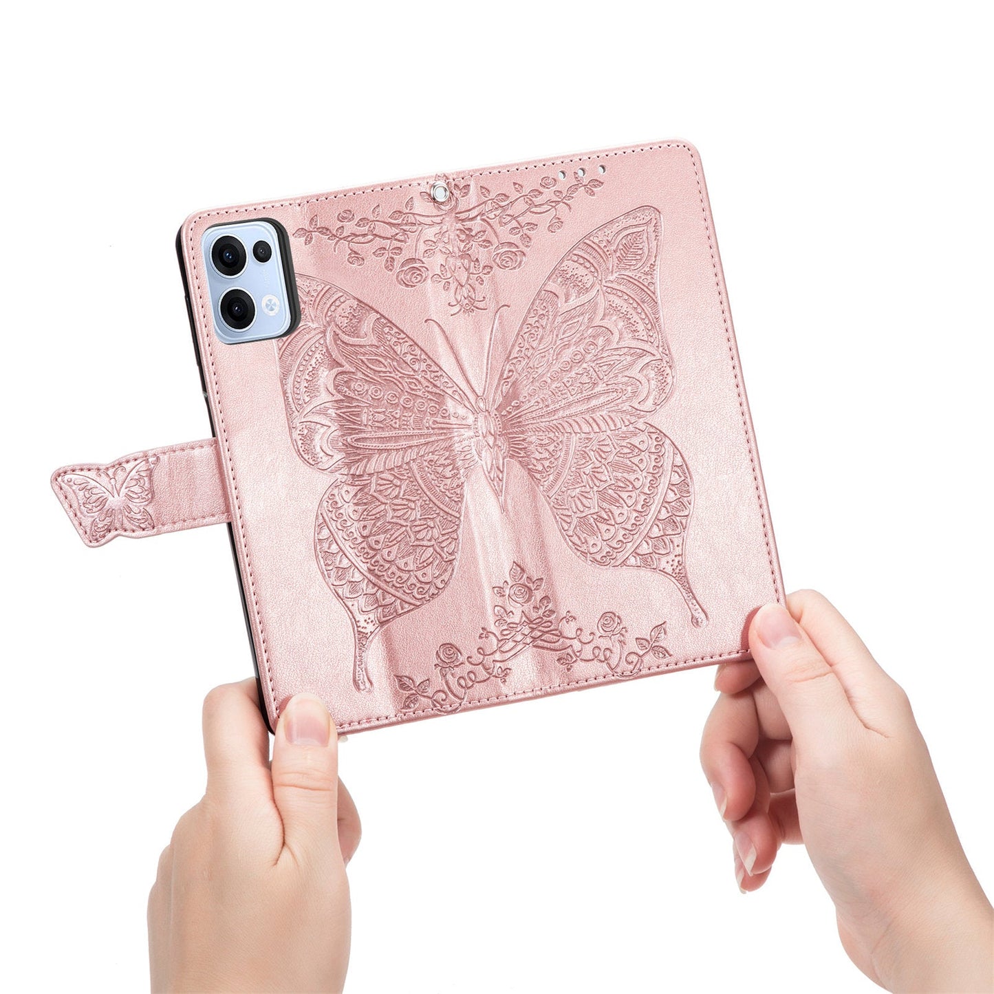 For Oppo Reno13 5G (Global) Case with Strap Butterfly Pattern PU Leather Wallet Phone Cover - Rose Gold