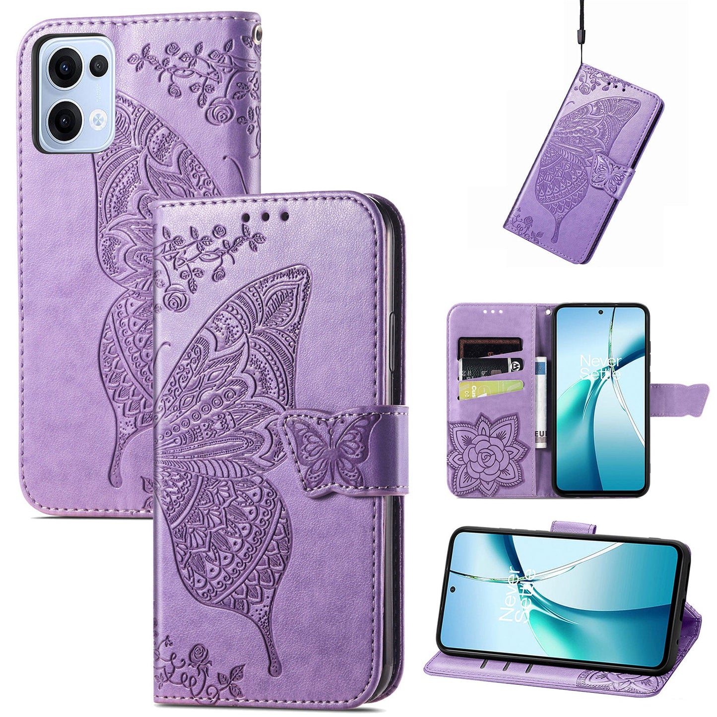 For Oppo Reno13 5G (Global) Case with Strap Butterfly Pattern PU Leather Wallet Phone Cover - Light Purple