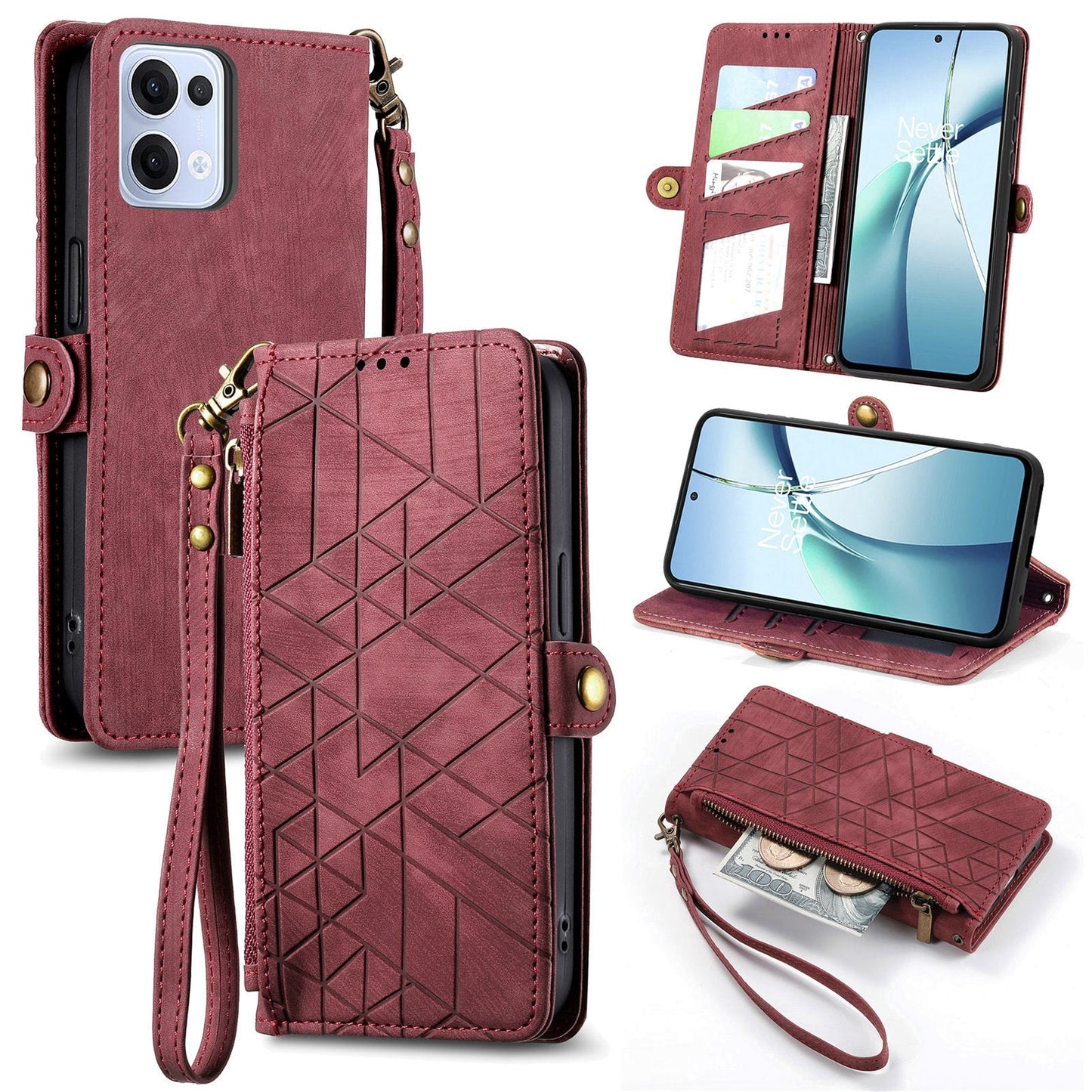 For Oppo Reno13 5G (Global) Zipper Wallet Case Geometry Lines Leather Phone Cover with Strap - Red