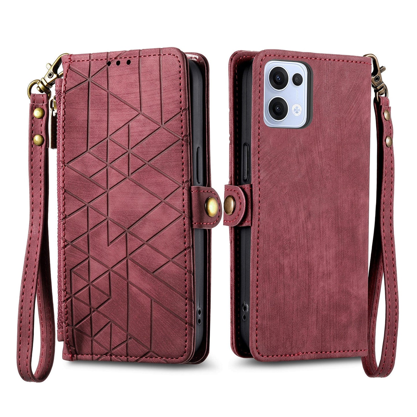 For Oppo Reno13 5G (Global) Zipper Wallet Case Geometry Lines Leather Phone Cover with Strap - Red