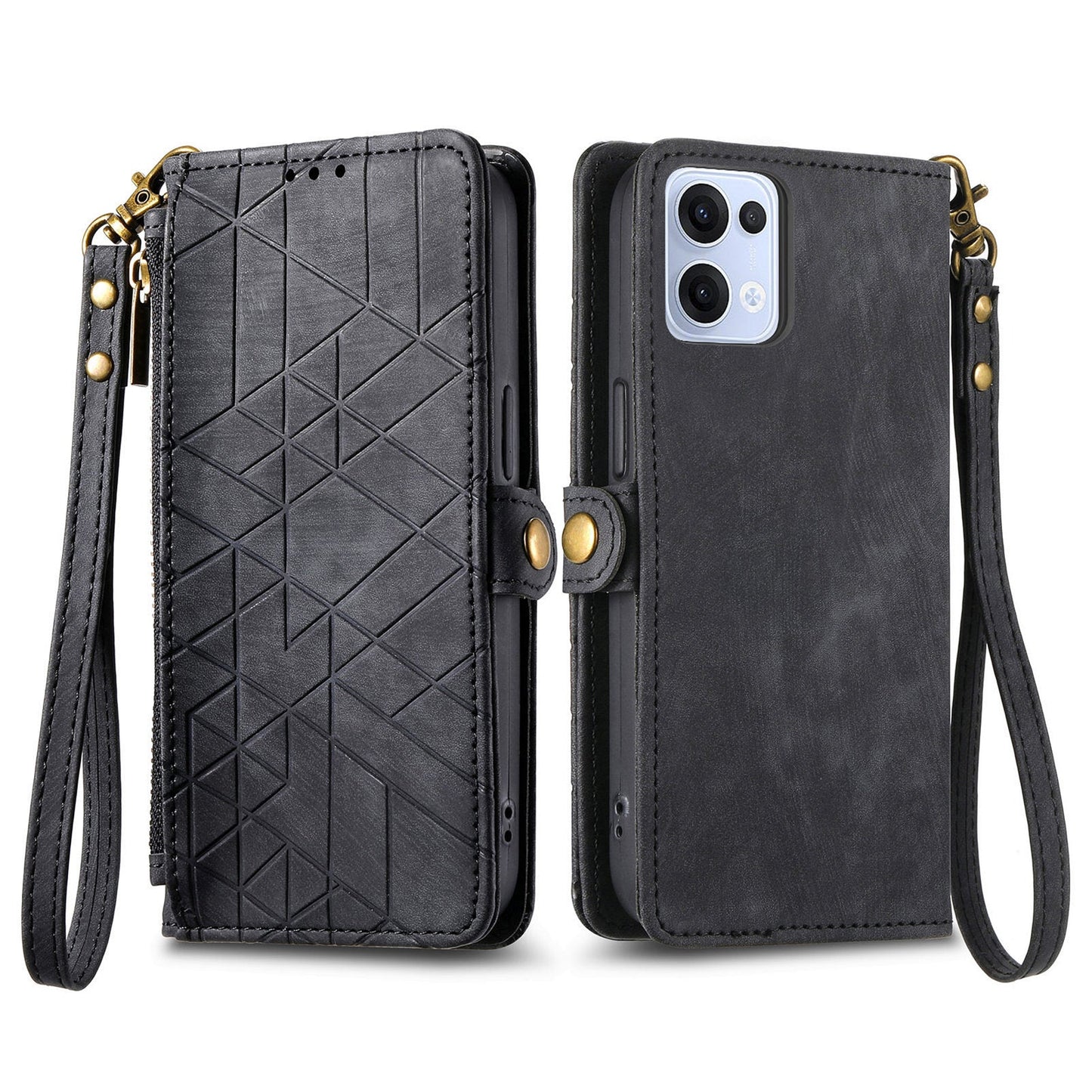 For Oppo Reno13 5G (Global) Zipper Wallet Case Geometry Lines Leather Phone Cover with Strap - Black