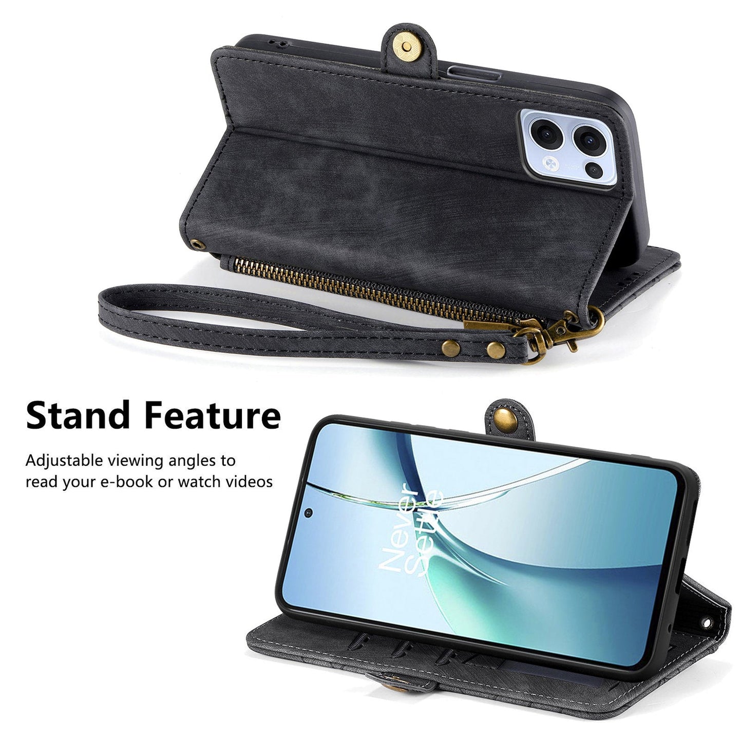 For Oppo Reno13 5G (Global) Zipper Wallet Case Geometry Lines Leather Phone Cover with Strap - Black