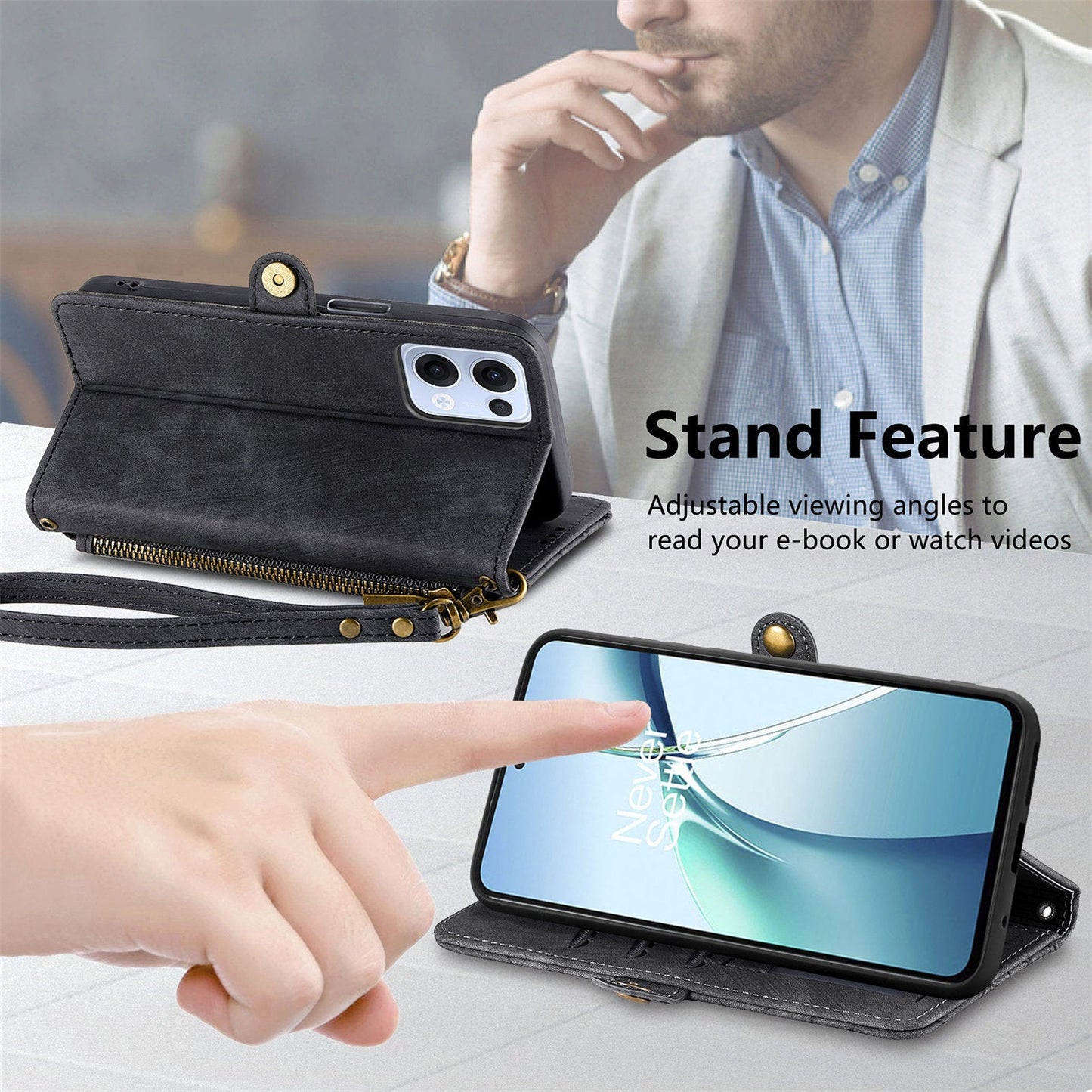 For Oppo Reno13 5G (Global) Zipper Wallet Case Geometry Lines Leather Phone Cover with Strap - Black