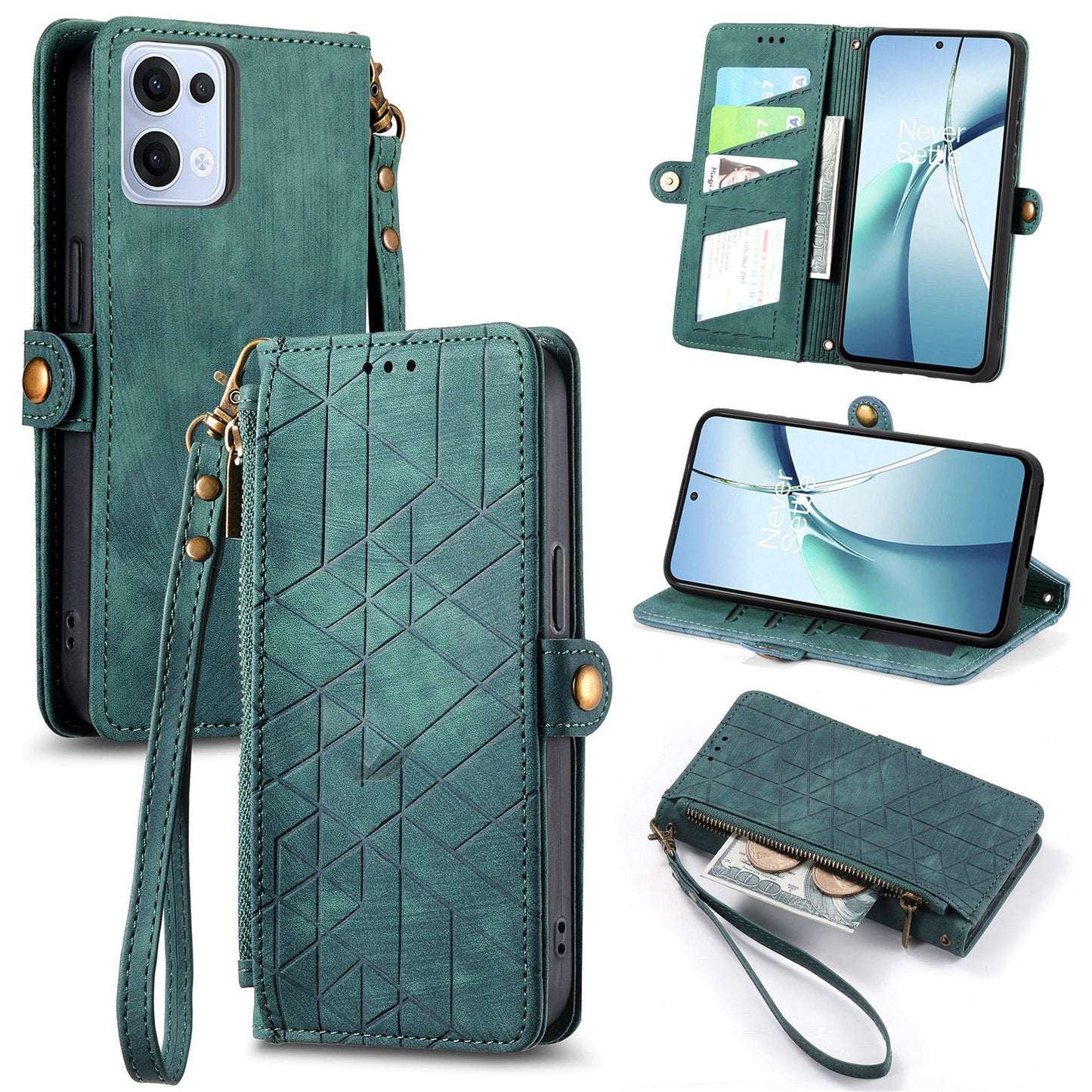 For Oppo Reno13 5G (Global) Zipper Wallet Case Geometry Lines Leather Phone Cover with Strap - Green