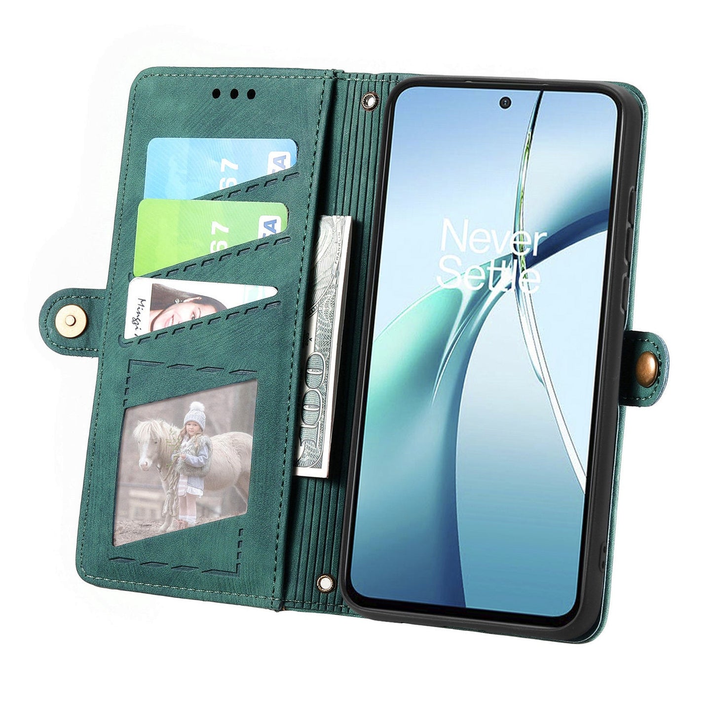 For Oppo Reno13 5G (Global) Zipper Wallet Case Geometry Lines Leather Phone Cover with Strap - Green