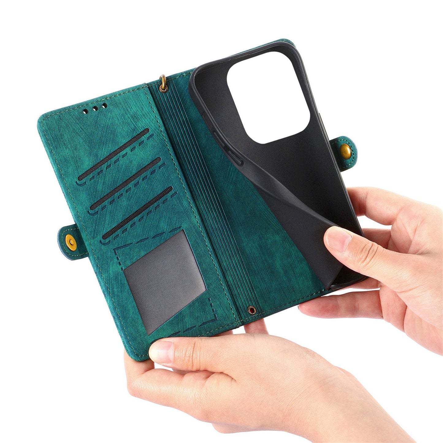 For Oppo Reno13 5G (Global) Zipper Wallet Case Geometry Lines Leather Phone Cover with Strap - Green