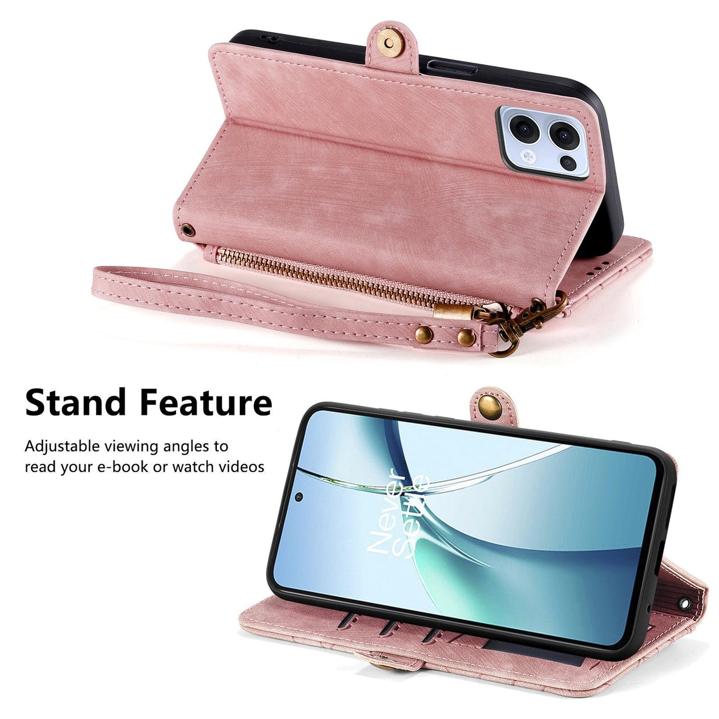 For Oppo Reno13 5G (Global) Zipper Wallet Case Geometry Lines Leather Phone Cover with Strap - Pink