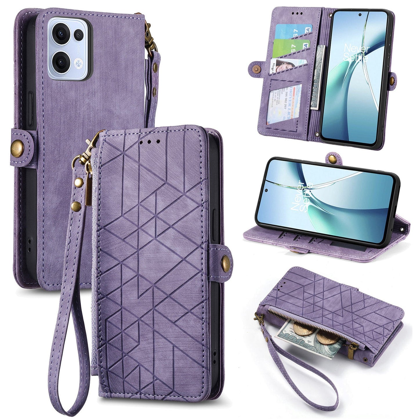 For Oppo Reno13 5G (Global) Zipper Wallet Case Geometry Lines Leather Phone Cover with Strap - Purple