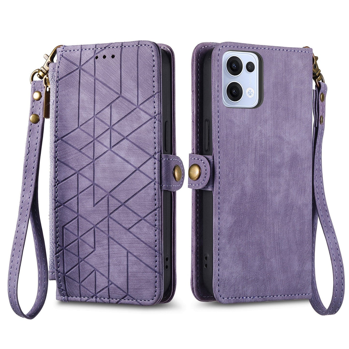 For Oppo Reno13 5G (Global) Zipper Wallet Case Geometry Lines Leather Phone Cover with Strap - Purple