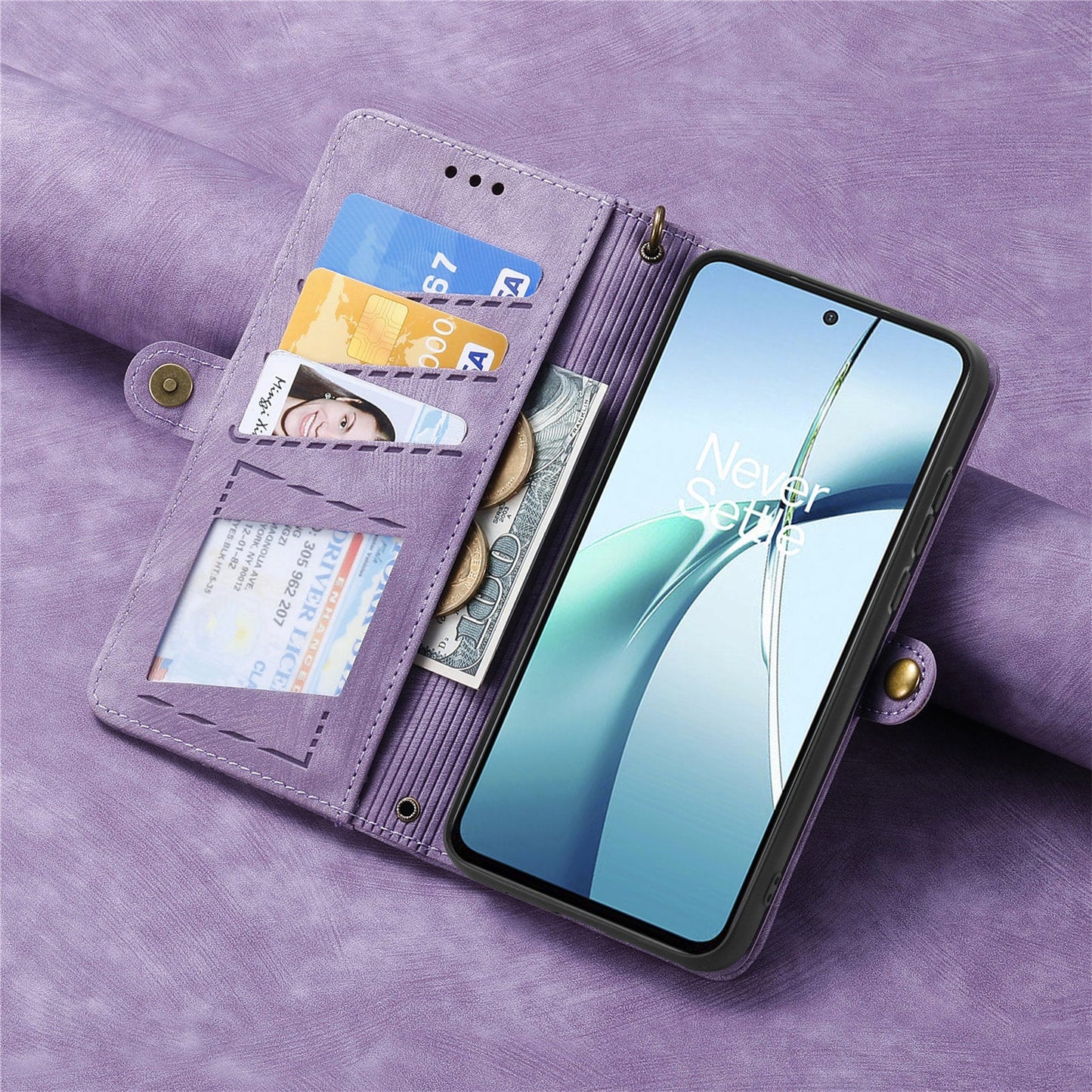 For Oppo Reno13 5G (Global) Zipper Wallet Case Geometry Lines Leather Phone Cover with Strap - Purple