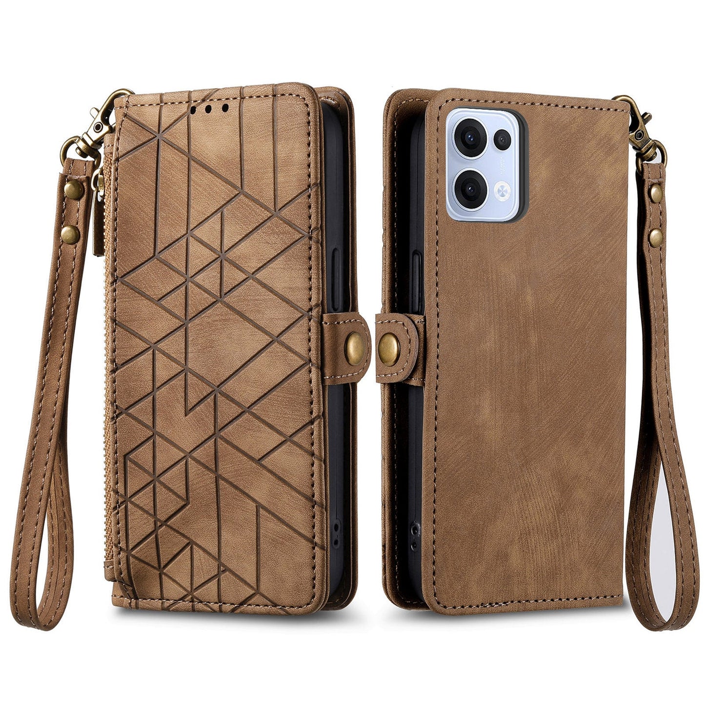 For Oppo Reno13 5G (Global) Zipper Wallet Case Geometry Lines Leather Phone Cover with Strap - Brown