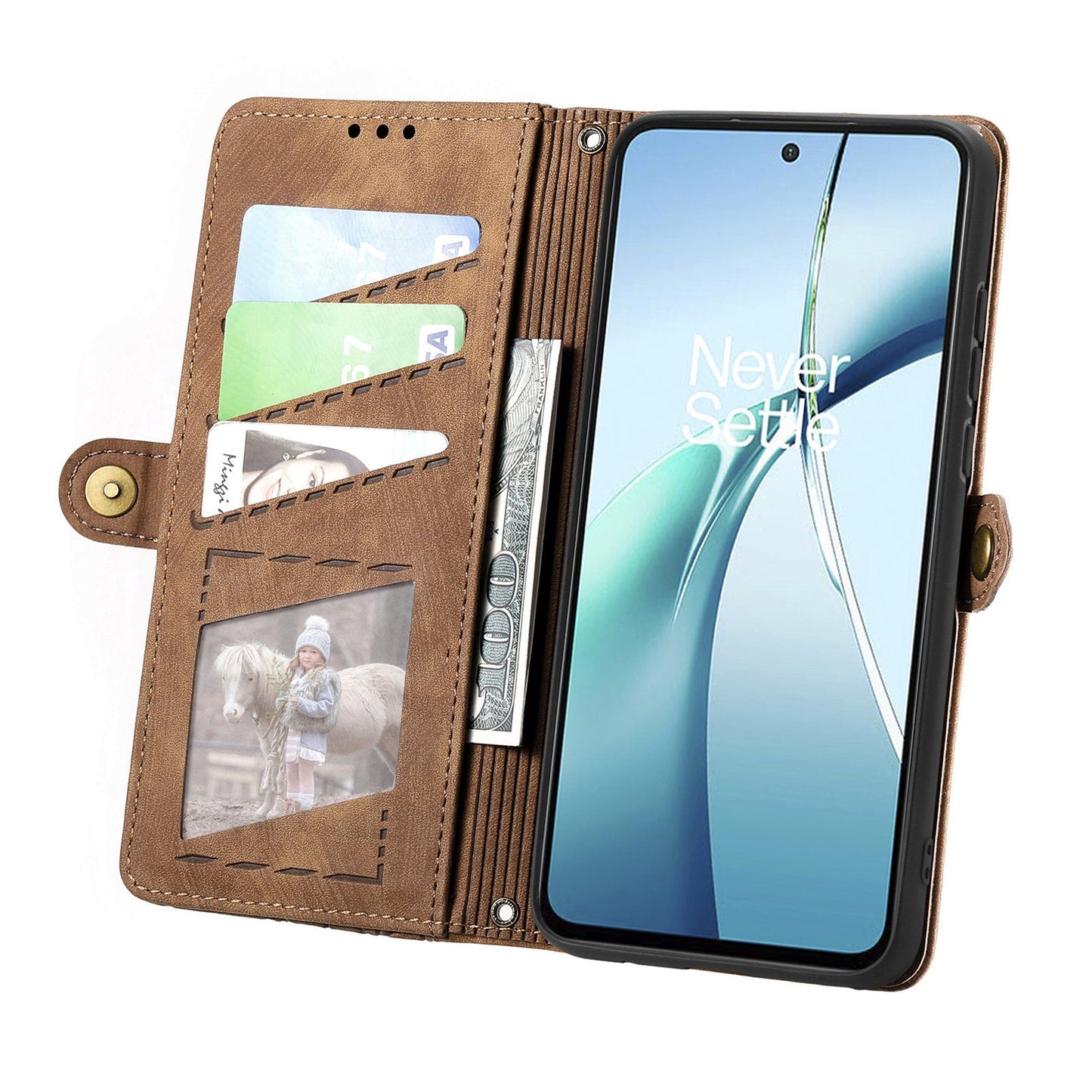 For Oppo Reno13 5G (Global) Zipper Wallet Case Geometry Lines Leather Phone Cover with Strap - Brown