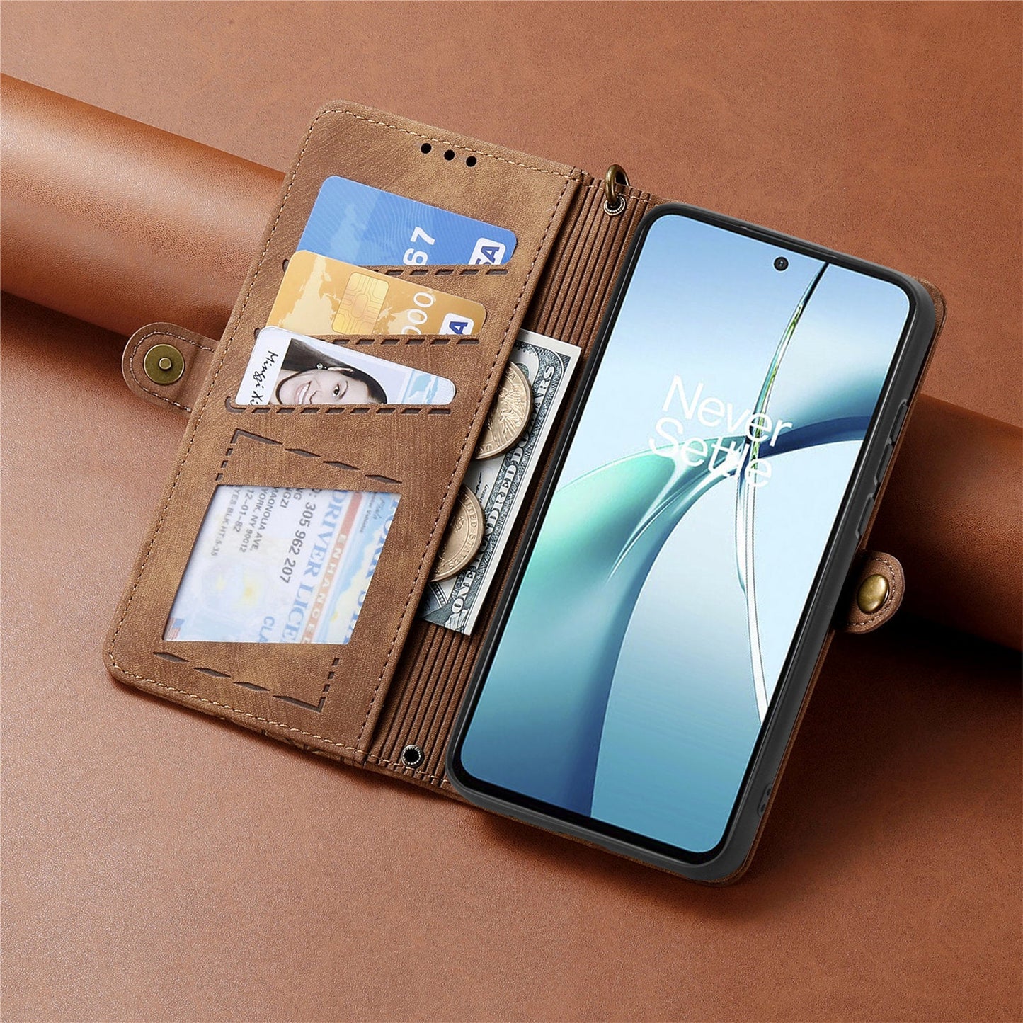 For Oppo Reno13 5G (Global) Zipper Wallet Case Geometry Lines Leather Phone Cover with Strap - Brown