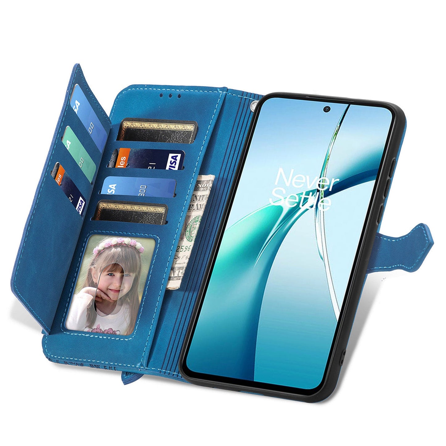 For Oppo Reno13 5G (Global) Zipper Wallet Case with Strap Flower Imprint PU Leather Phone Cover - Blue