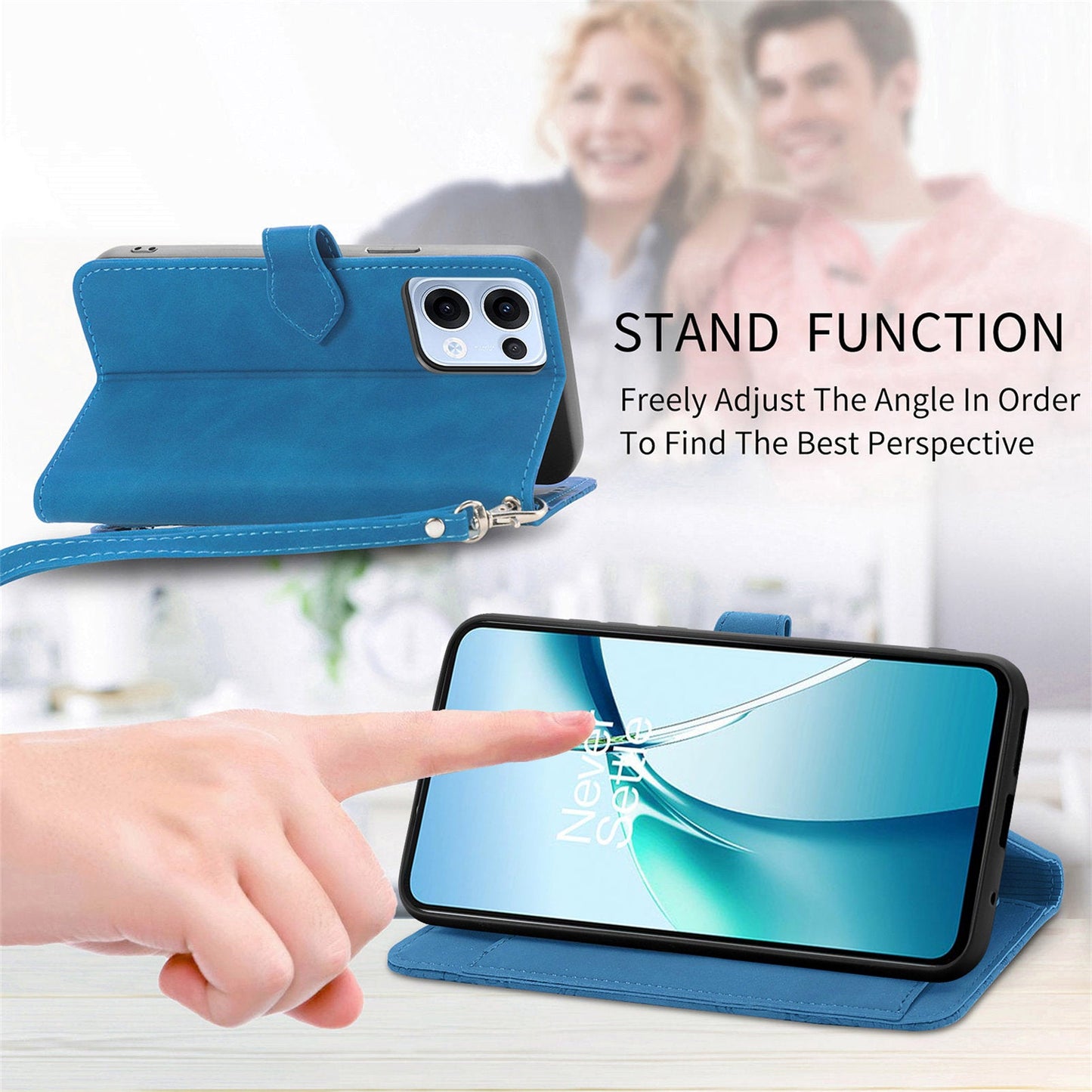 For Oppo Reno13 5G (Global) Zipper Wallet Case with Strap Flower Imprint PU Leather Phone Cover - Blue