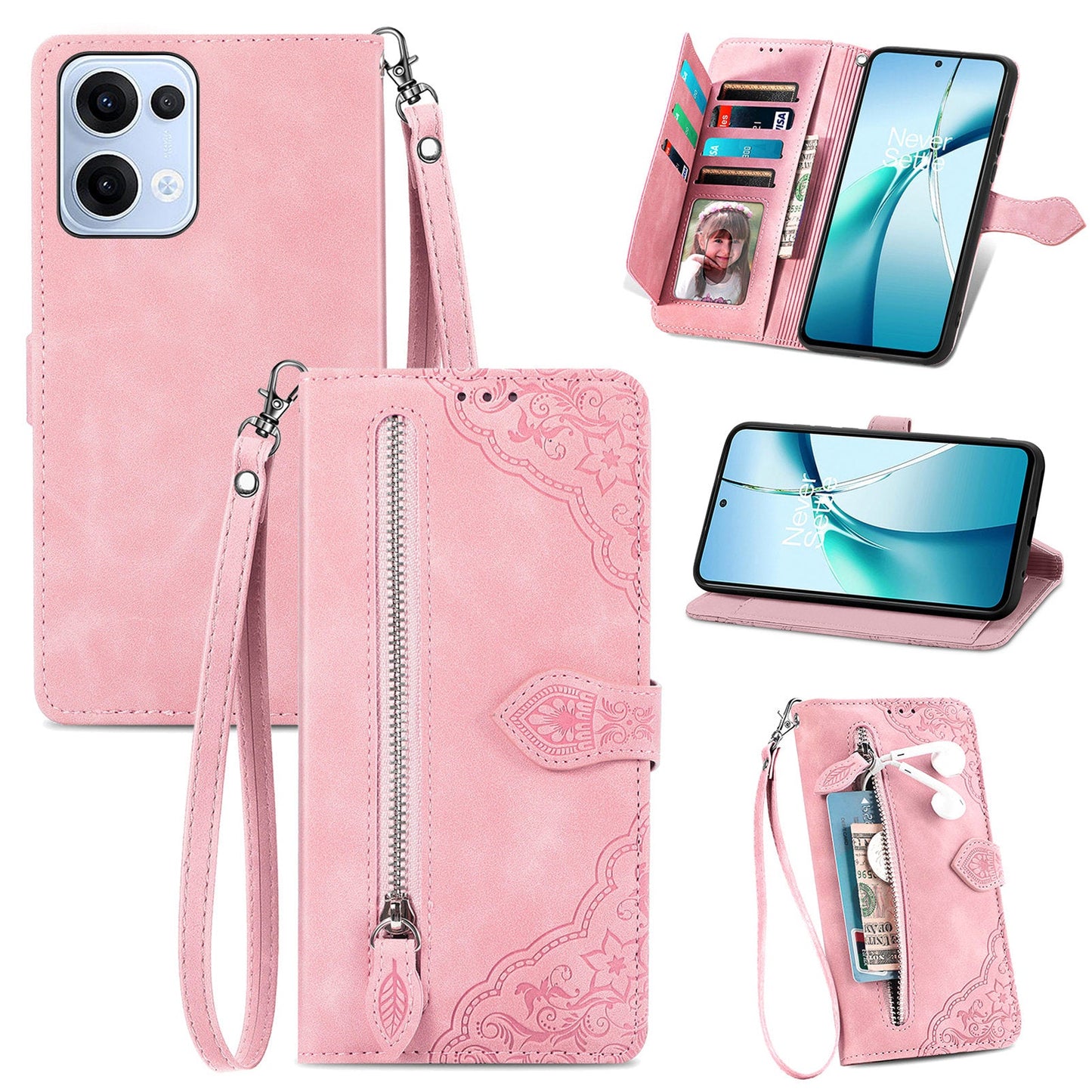 For Oppo Reno13 5G (Global) Zipper Wallet Case with Strap Flower Imprint PU Leather Phone Cover - Pink