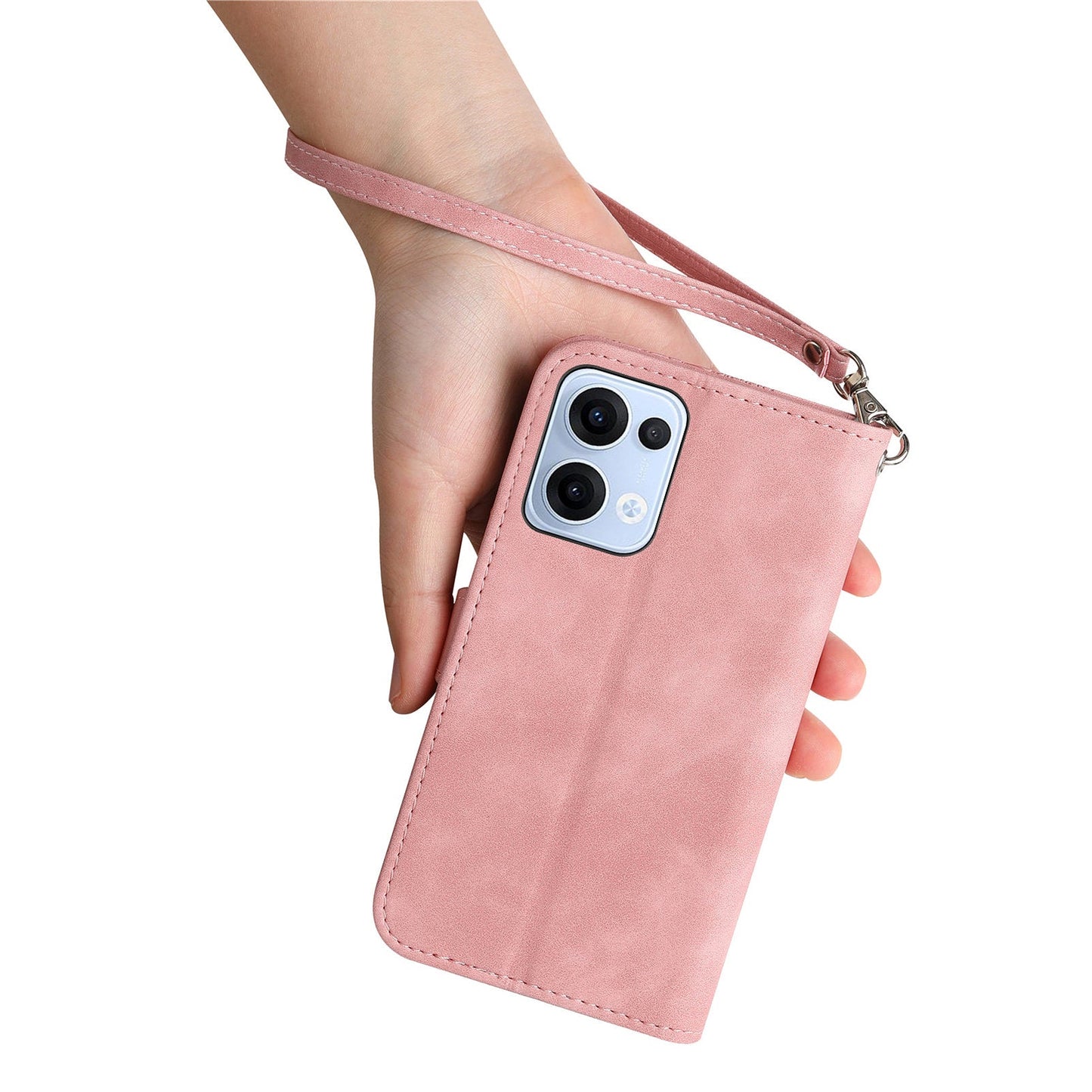 For Oppo Reno13 5G (Global) Zipper Wallet Case with Strap Flower Imprint PU Leather Phone Cover - Pink