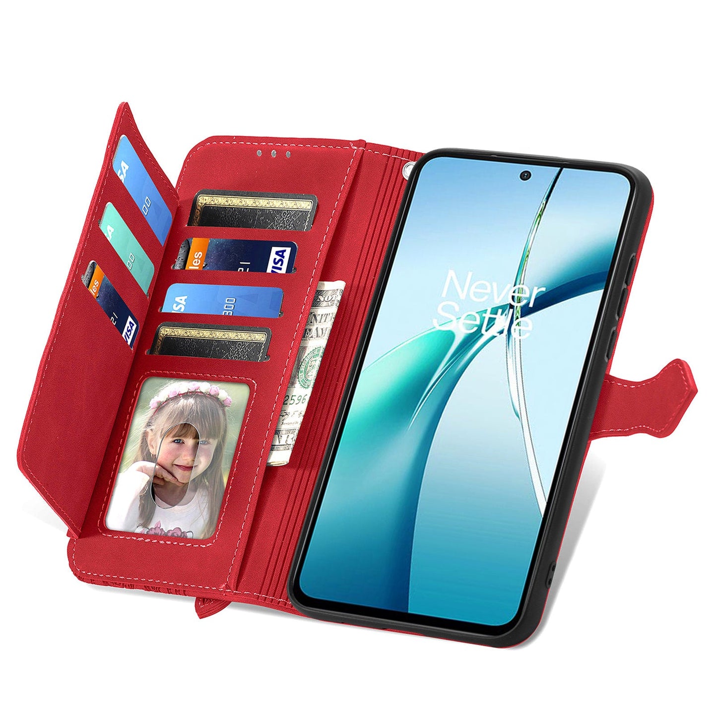 For Oppo Reno13 5G (Global) Zipper Wallet Case with Strap Flower Imprint PU Leather Phone Cover - Red