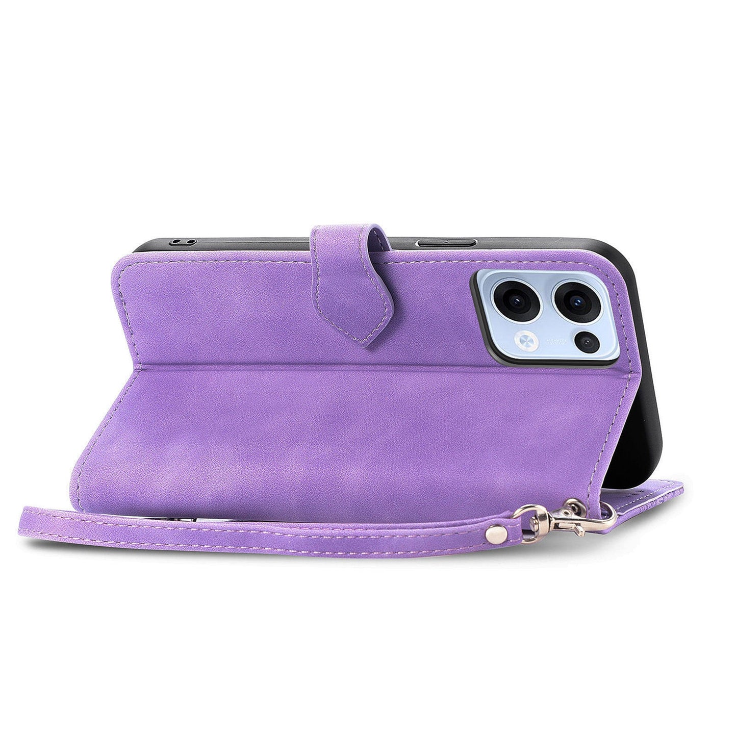 For Oppo Reno13 5G (Global) Zipper Wallet Case with Strap Flower Imprint PU Leather Phone Cover - Purple