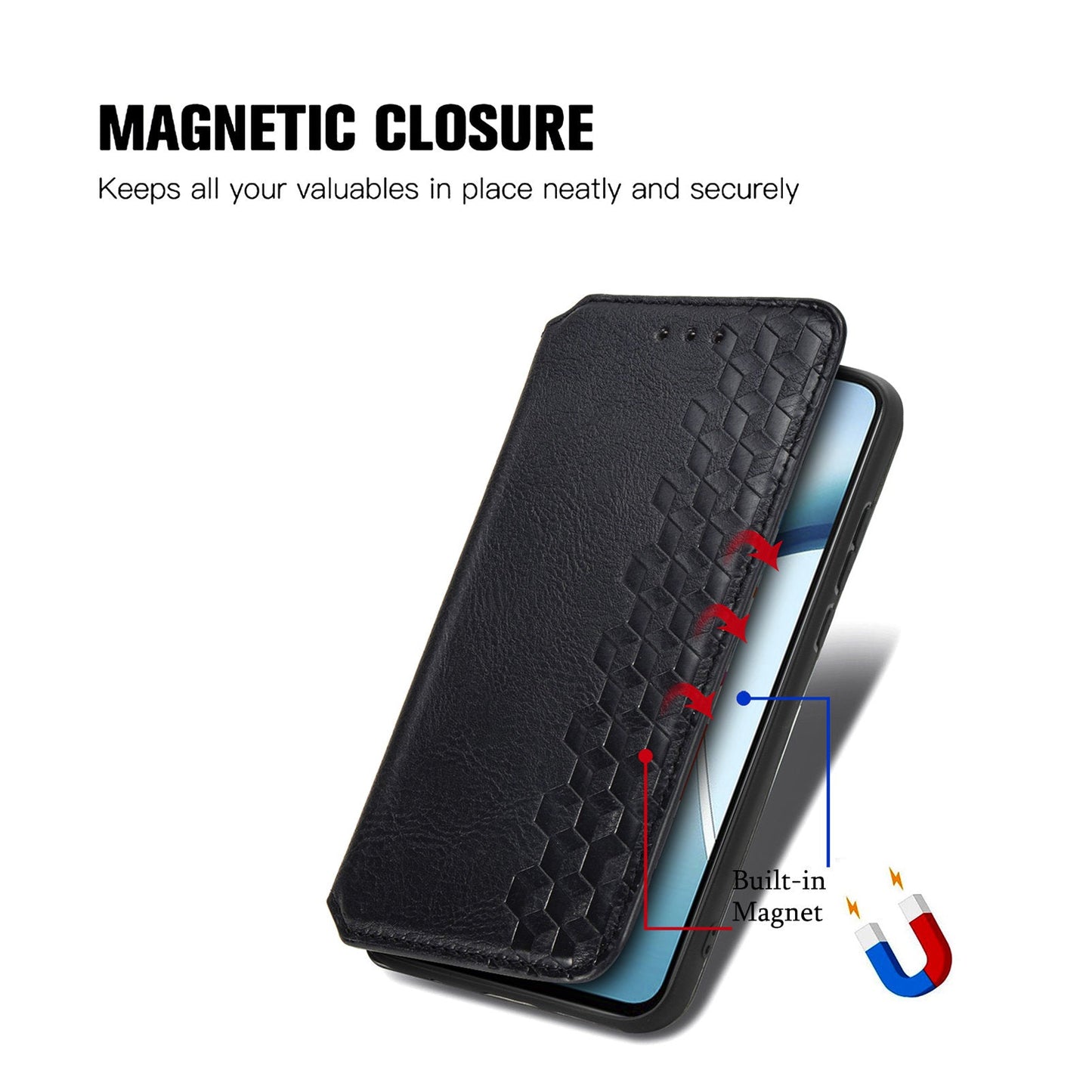 For Oppo Reno13 5G (Global) Case Rhombus Imprint PU Leather Wallet Phone Cover - Black
